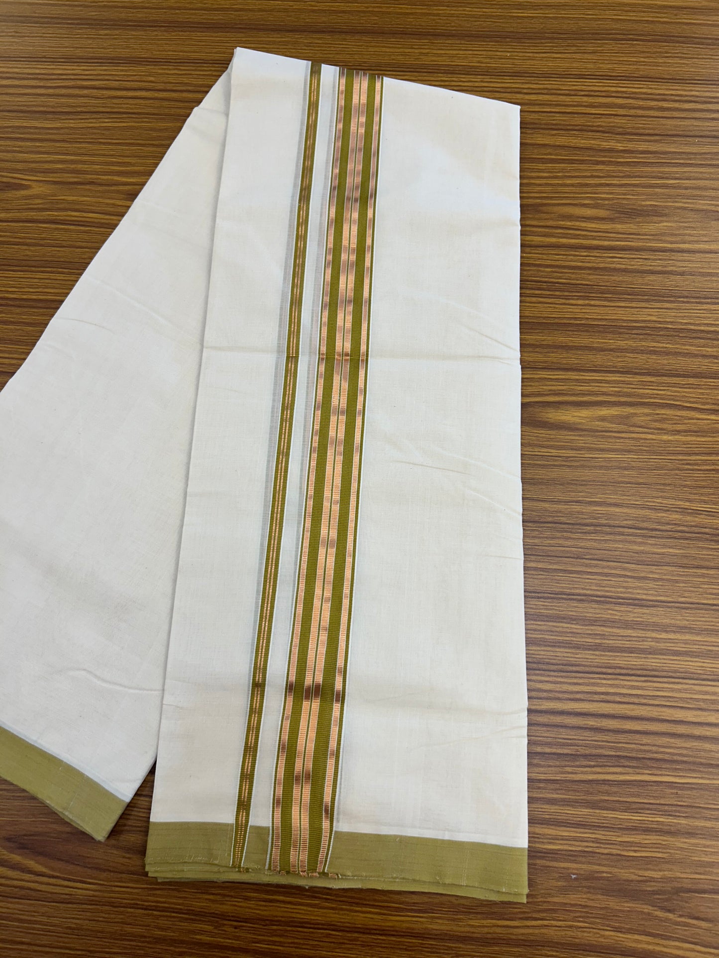 25% Discount ! KaithariKada Handloom Millpaav - Kerala Handloom - 100% Pure Cotton Off White (Unbleached) Double Mundu/Dothi - 80x90 - 1.5 inch Gold Kasav & Olive Brown Striped Kara 4 Mtr (8.5 Muzham) - 24 KK5328 RAM