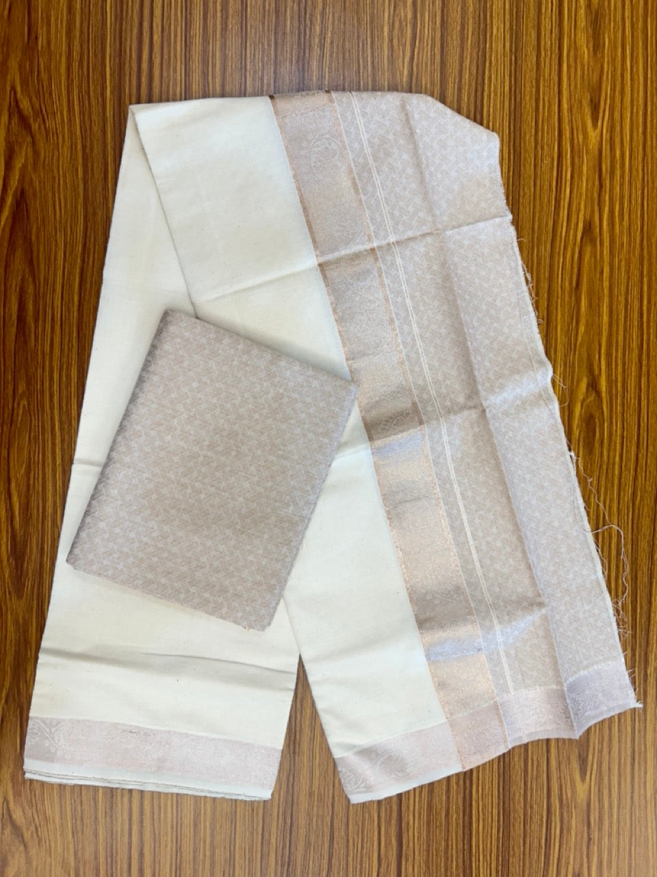 20% DISCOUNT ! KaithariKada Balaramapuram 100% Cotton - (60)s - Single Off white Mundu/Dhoti & Shirt Material Combo - 2 inch Copper Silver Kasavu jacquard Kara with Light Brown shaded shirt material   - 15 KK7009 THI