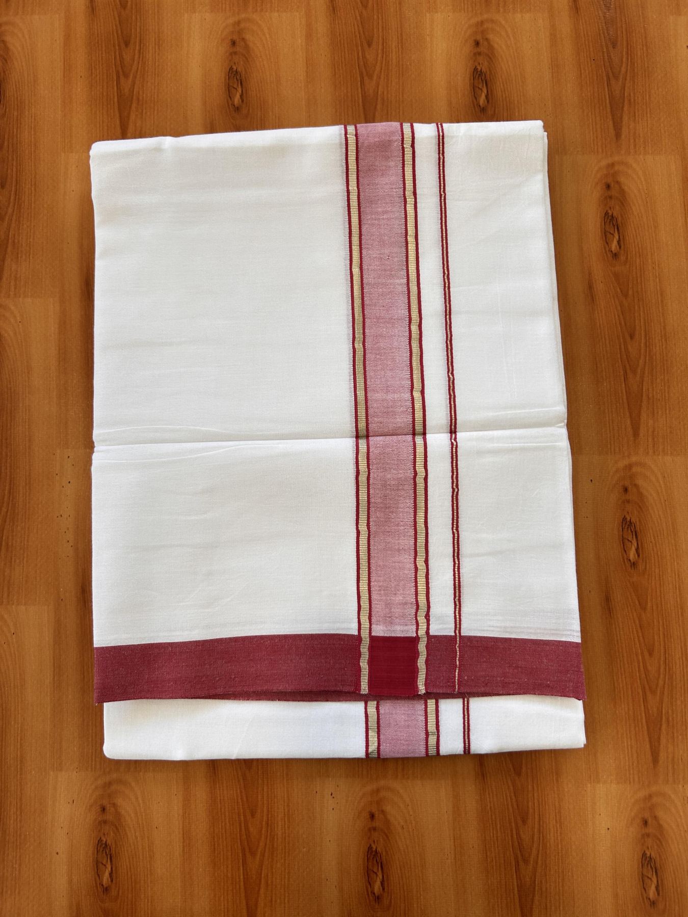 Double Pure White Mundu/Dhoti - 20% Discount !! KaithariKada Balaramapuram 100% Cotton - 60s - 1.5 Inch Maroon Red Shaded Silver Kasav Striped Kara - 3.85 mtr ( 8 muzham) - 22 KK5425 PMC