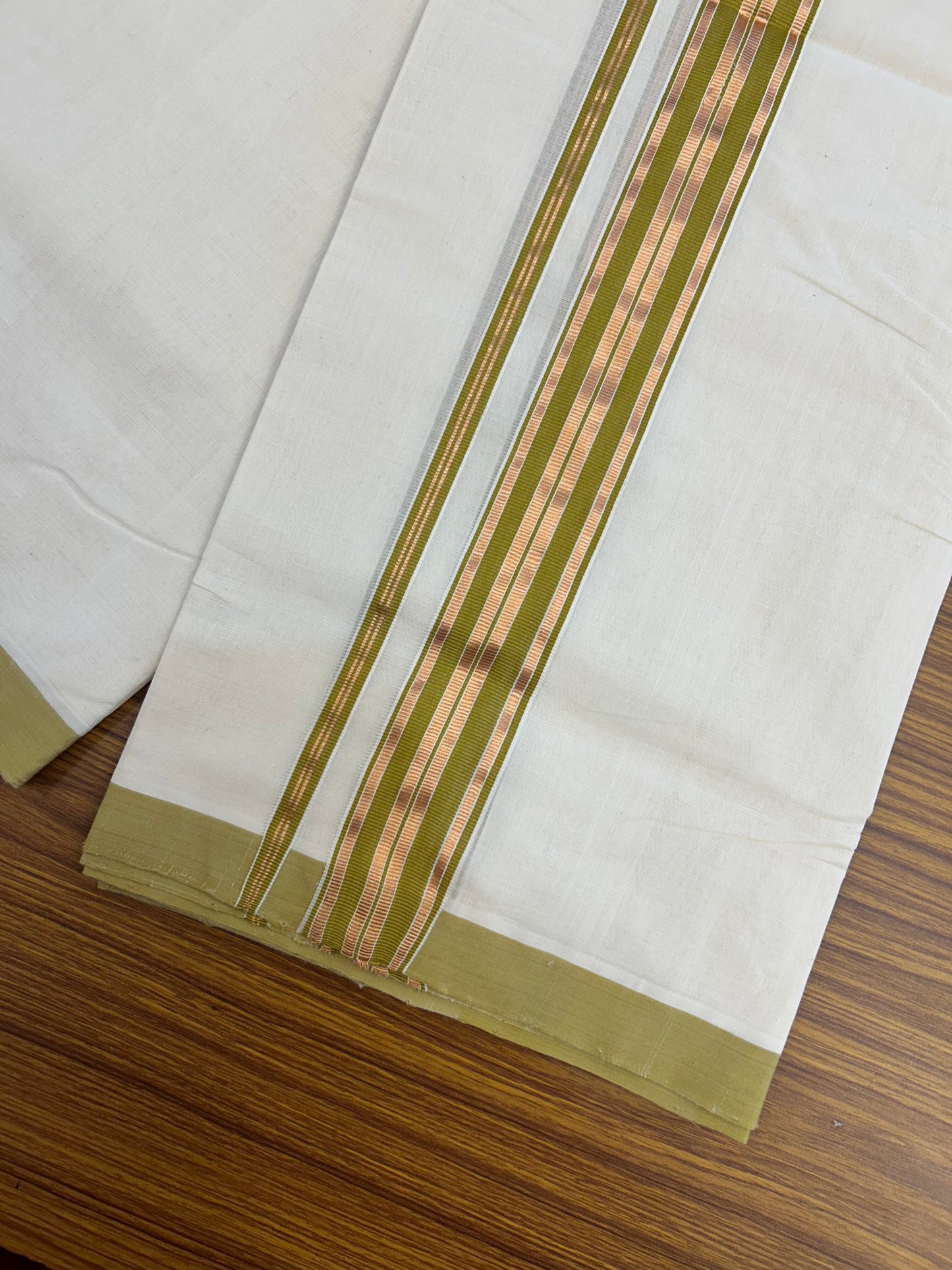 25% Discount ! KaithariKada Handloom Millpaav - Kerala Handloom - 100% Pure Cotton Off White (Unbleached) Double Mundu/Dothi - 80x90 - 1.5 inch Gold Kasav & Olive Brown Striped Kara 4 Mtr (8.5 Muzham) - 24 KK5328 RAM
