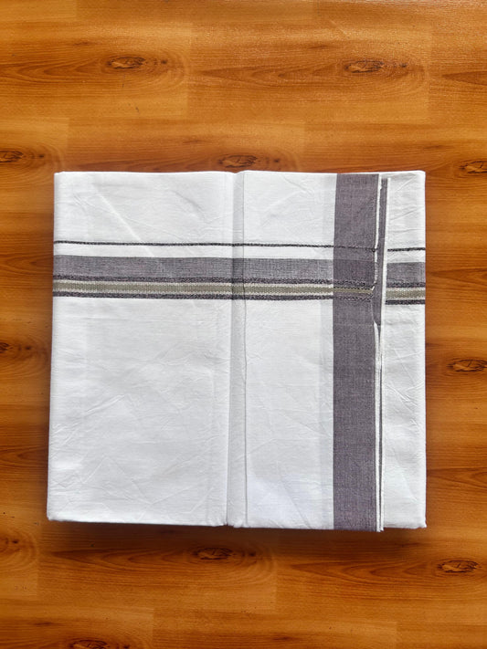 Single Mundu/Dhoti  - Pure White - KaithariKada Balaramapuram 100% Cotton - Twisted 60s Thread - 1 inch  Silver Kasav Baby Pink & Black Beige Shaded Kara (2 meter / 4 muzham) - 6 KK5495 GL