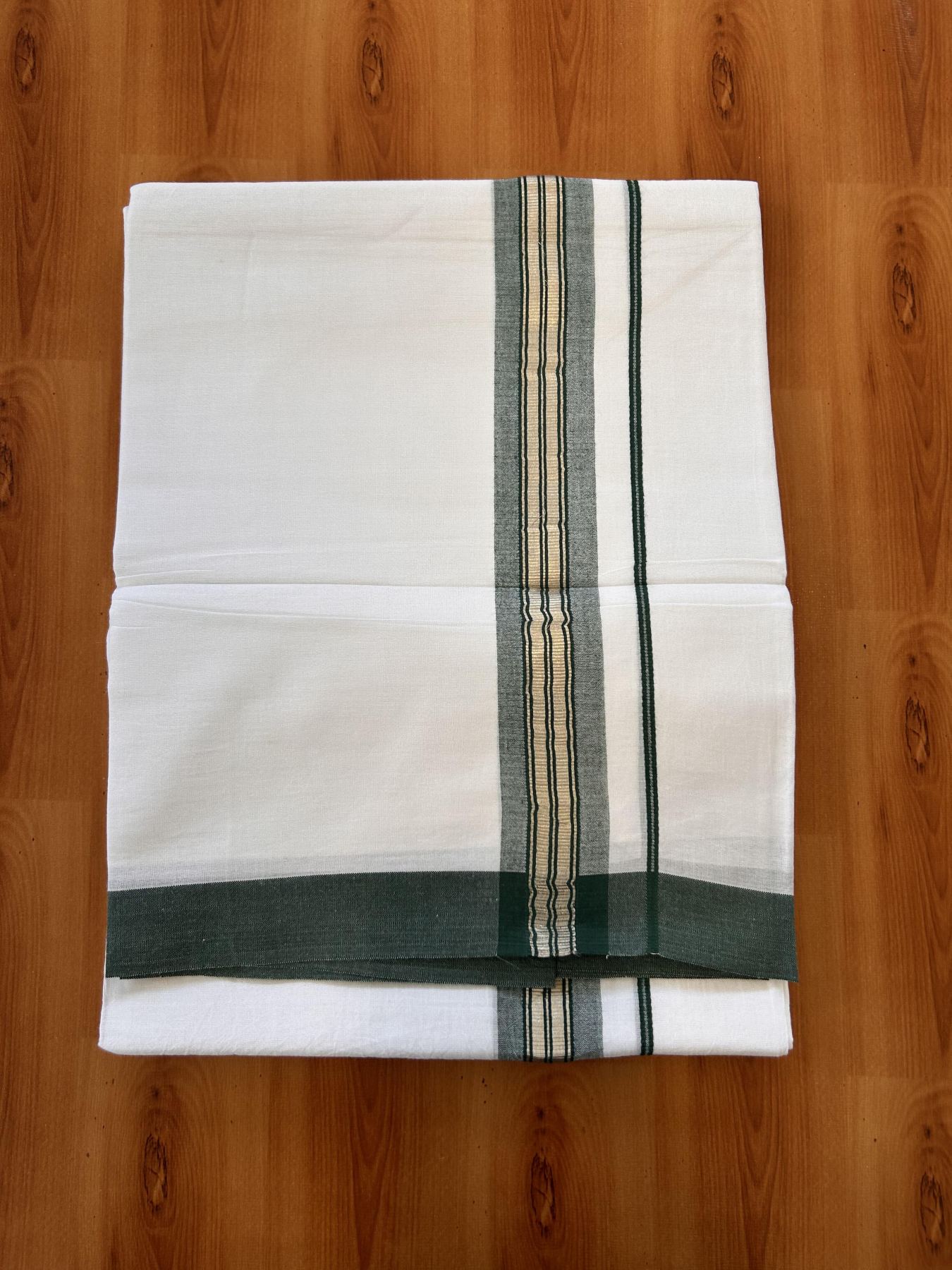 Double Pure White Mundu/Dhoti - 20% Discount !! KaithariKada Balaramapuram 100% Cotton - 60s - 1.5 Inch Dark Green Shaded Silver Kasav Striped Kara - 3.85 mtr ( 8 muzham) - 23 KK5425 PMC