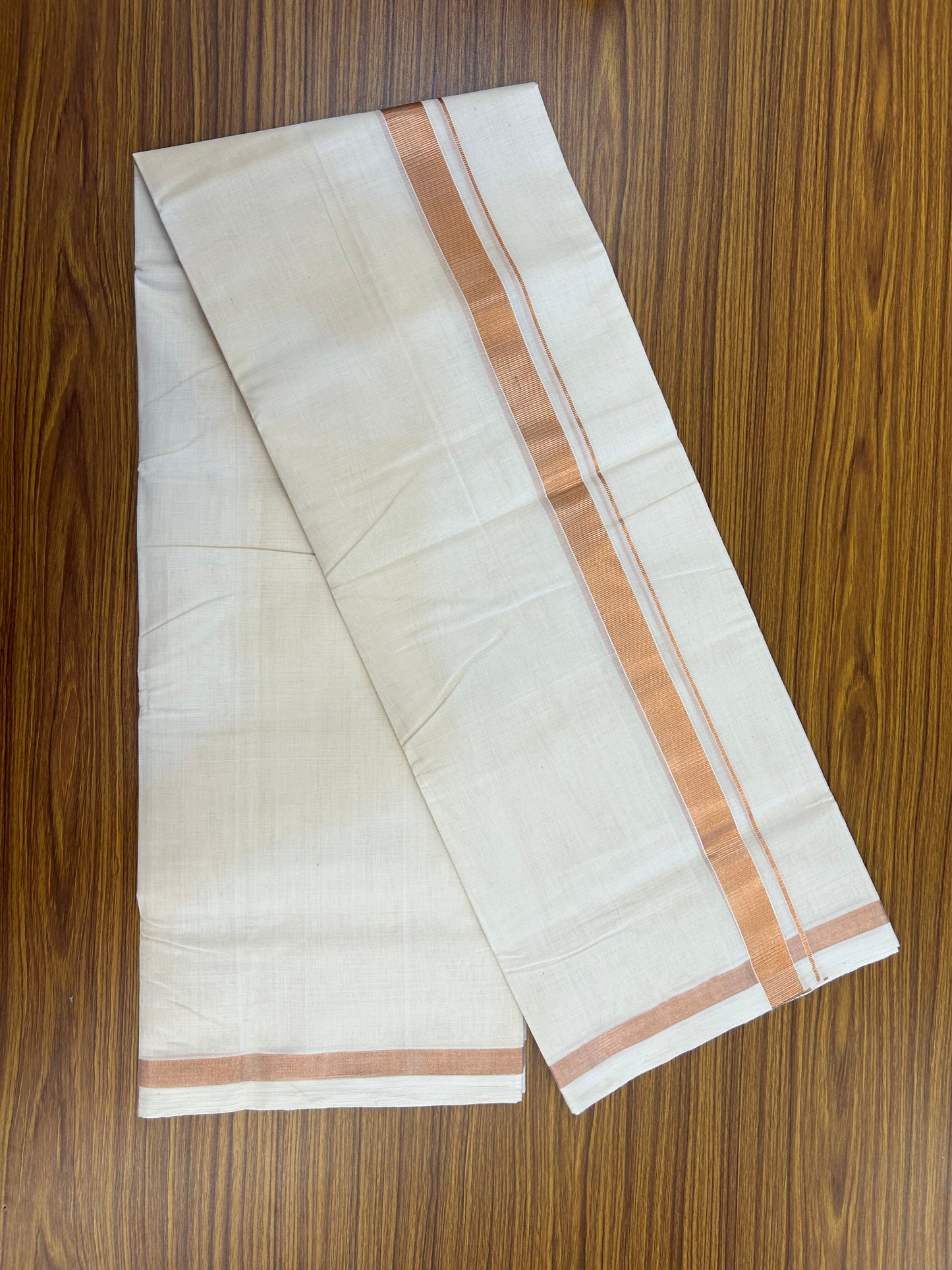 25% Discount ! KaithariKada Handloom Millpaav Balaramapuram - 100% Pure Cotton Off White (Unbleached) Double Mundu/Dothi - 80x90 - 1.5 inch Copper Kasav Kara 4 Mtr (8.5 Muzham) - 25 KK5328 RAM