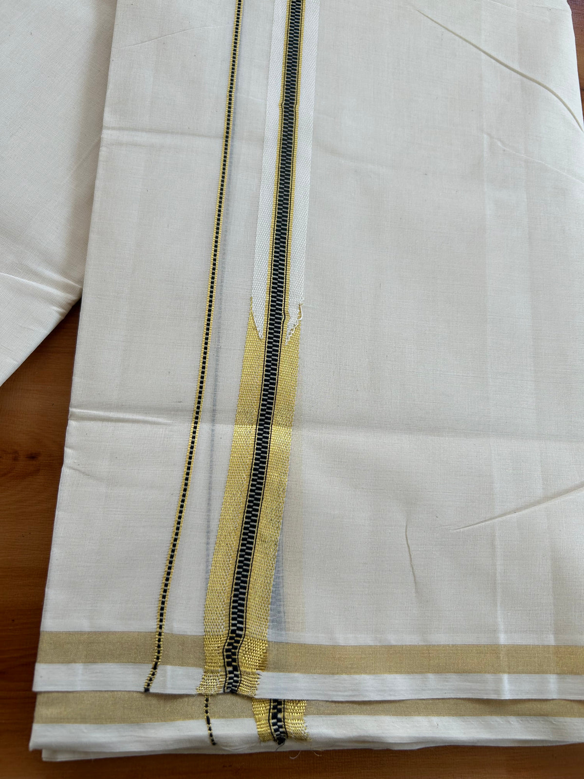 Double off white (Unbleached) Mund/Dhoti - 20% Discount! KaithariKada Pulimood Pure Cotton - 100X100 - 0.75 inch Puliyilakkara Gold kasav & Black chutty 4 m (8.5 Muzham) - 18 KK5543 GAN
