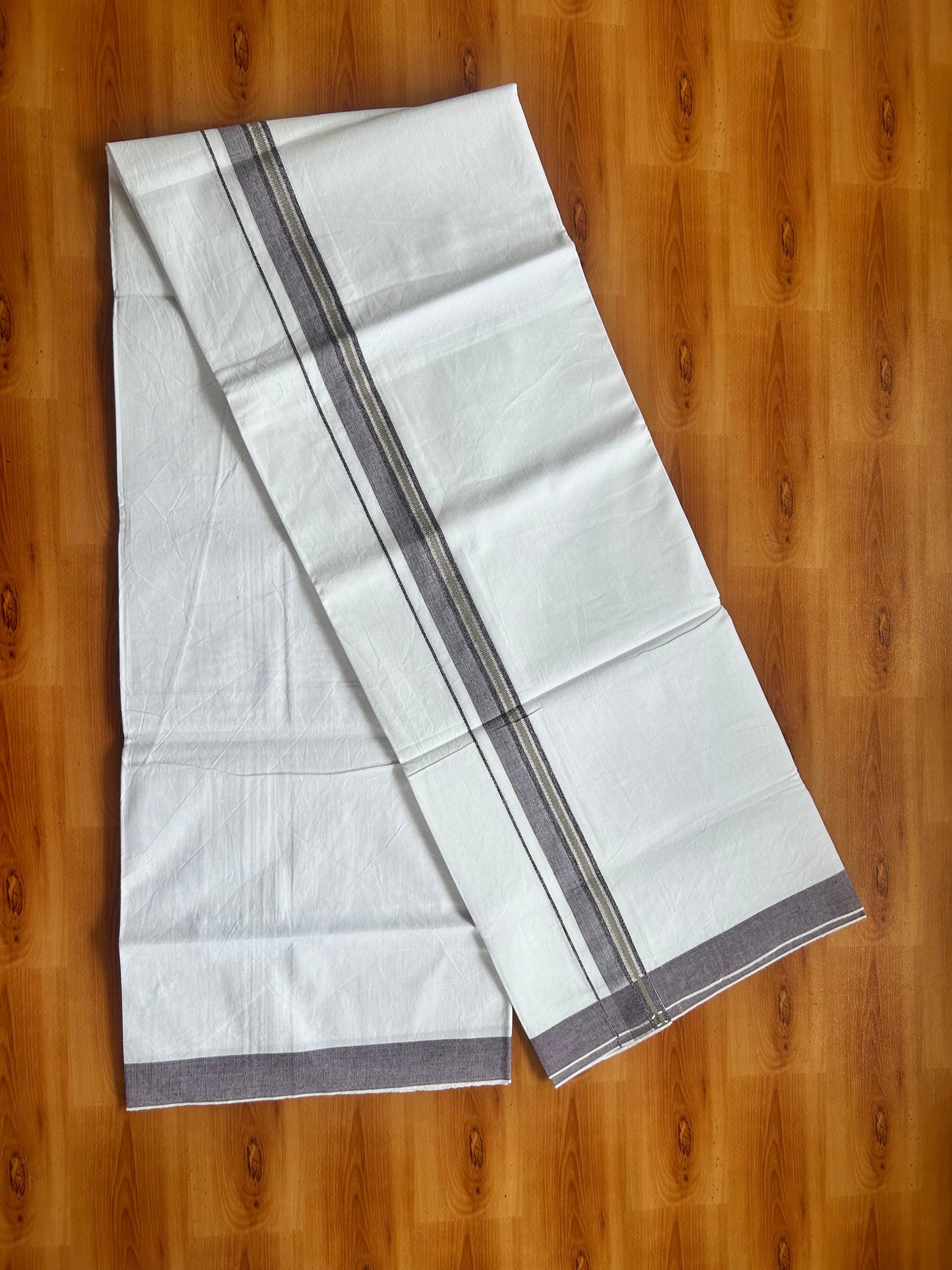 Single Mundu/Dhoti  - Pure White - KaithariKada Balaramapuram 100% Cotton - Twisted 60s Thread - 1 inch  Silver Kasav Baby Pink & Black Beige Shaded Kara (2 meter / 4 muzham) - 6 KK5495 GL