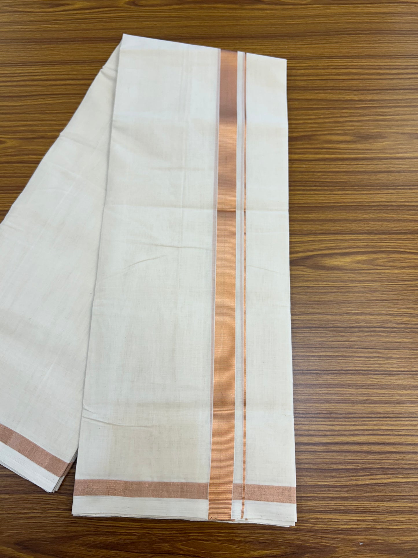 25% Discount ! KaithariKada Handloom Millpaav Balaramapuram - 100% Pure Cotton Off White (Unbleached) Double Mundu/Dothi - 80x90 - 1.5 inch Copper Kasav Kara 4 Mtr (8.5 Muzham) - 25 KK5328 RAM
