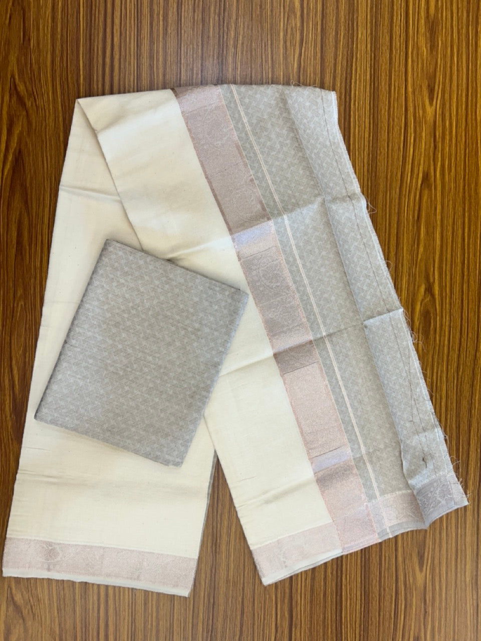 20% DISCOUNT ! KaithariKada Balaramapuram 100% Cotton - (60)s - Single Off white Mundu/Dhoti & Shirt Material Combo - 2 inch Copper Silver Kasavu jacquard Kara with Greyish Brown shaded shirt material   - 16 KK7009 THI