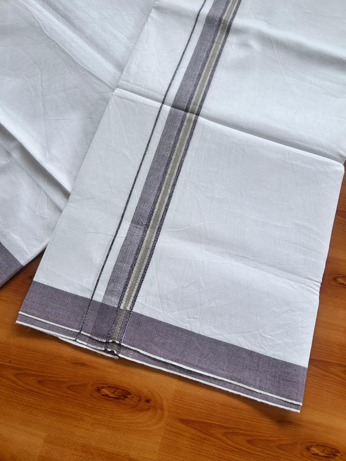 Single Mundu/Dhoti  - Pure White - KaithariKada Balaramapuram 100% Cotton - Twisted 60s Thread - 1 inch  Silver Kasav Baby Pink & Black Beige Shaded Kara (2 meter / 4 muzham) - 6 KK5495 GL