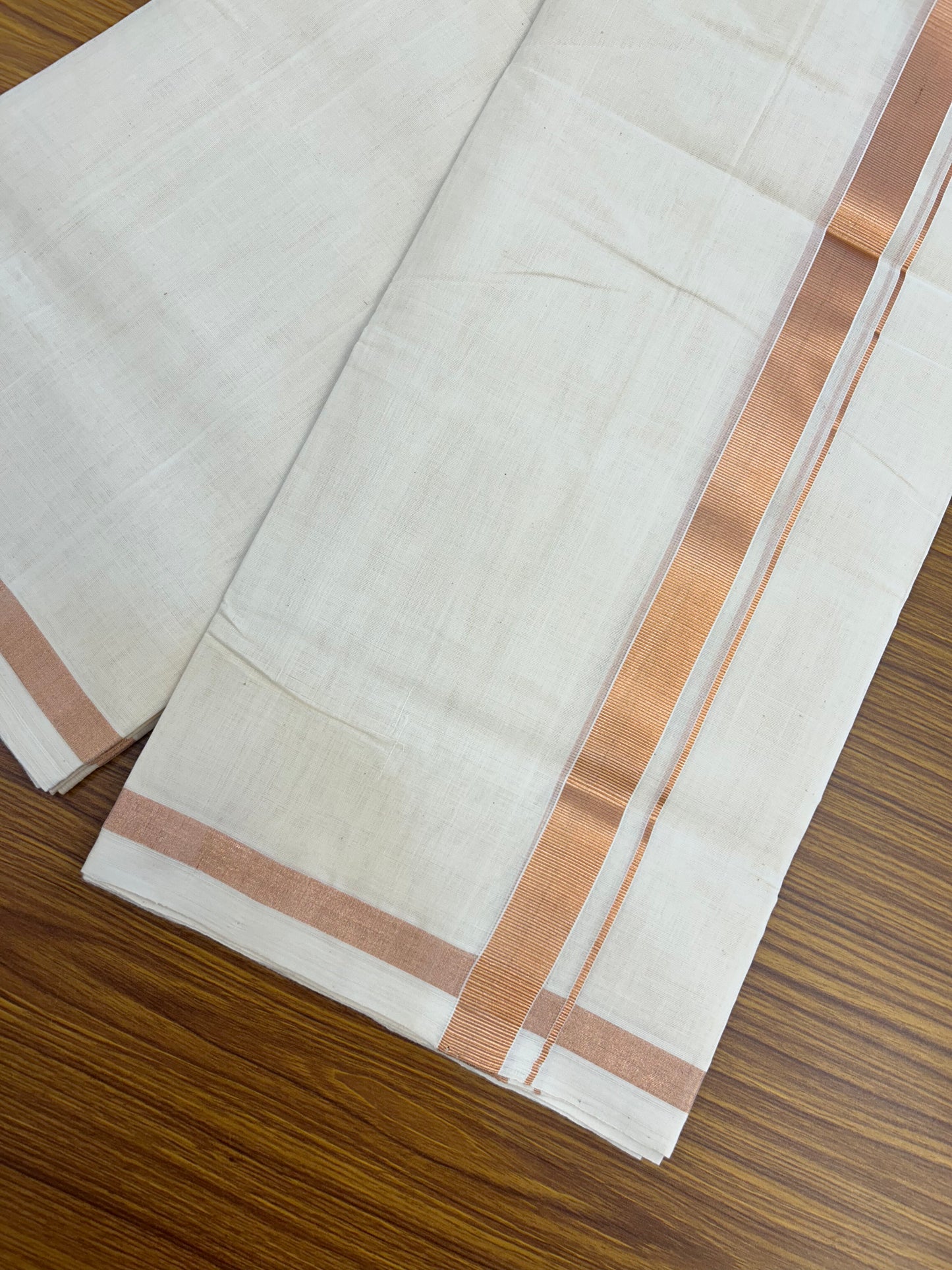 25% Discount ! KaithariKada Handloom Millpaav Balaramapuram - 100% Pure Cotton Off White (Unbleached) Double Mundu/Dothi - 80x90 - 1.5 inch Copper Kasav Kara 4 Mtr (8.5 Muzham) - 25 KK5328 RAM