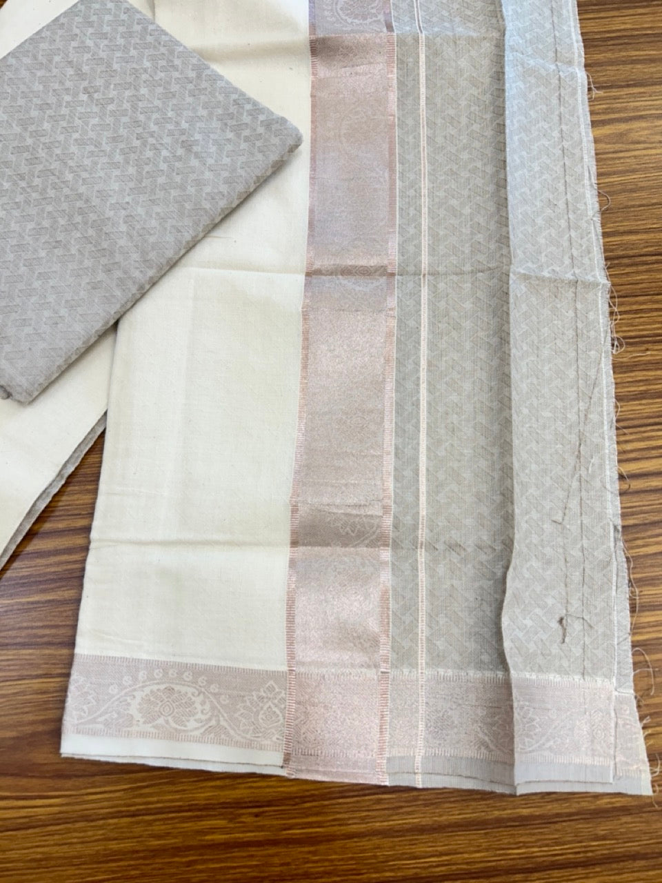 20% DISCOUNT ! KaithariKada Balaramapuram 100% Cotton - (60)s - Single Off white Mundu/Dhoti & Shirt Material Combo - 2 inch Copper Silver Kasavu jacquard Kara with Greyish Brown shaded shirt material   - 16 KK7009 THI