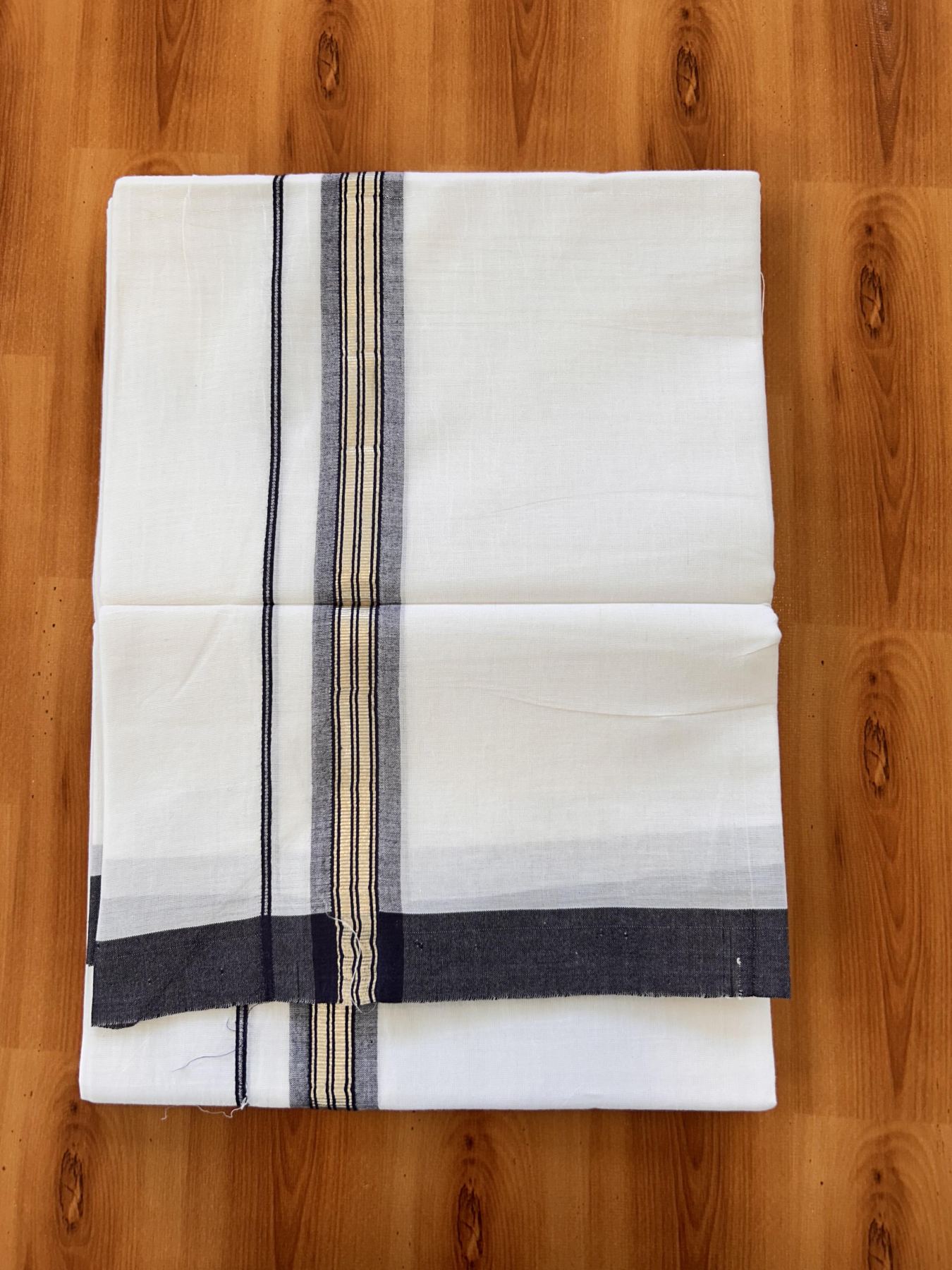 Double Pure White Mundu/Dhoti - 20% Discount !! KaithariKada Balaramapuram 100% Cotton - 60s - 1.25 Inch Navy Blue Shaded Silver Kasav Striped Kara - 3.85 mtr ( 8 muzham) - 24 KK5425 PMC