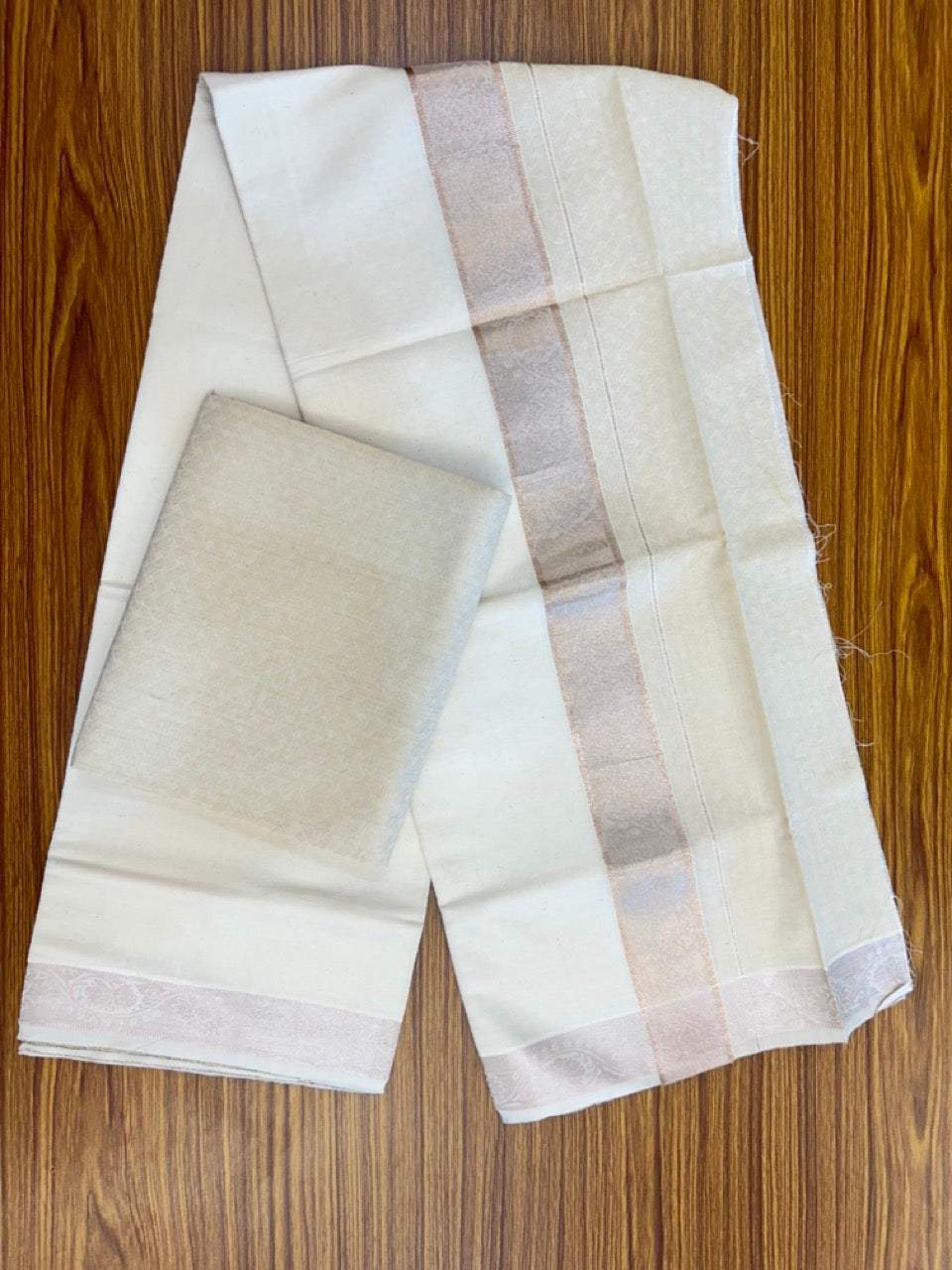 20% DISCOUNT ! KaithariKada Balaramapuram 100% Cotton - (60)s - Single Off white Mundu/Dhoti & Shirt Material Combo - 2 inch Copper Silver Kasavu jacquard Kara with Beige shaded shirt material   - 17 KK7009 THI