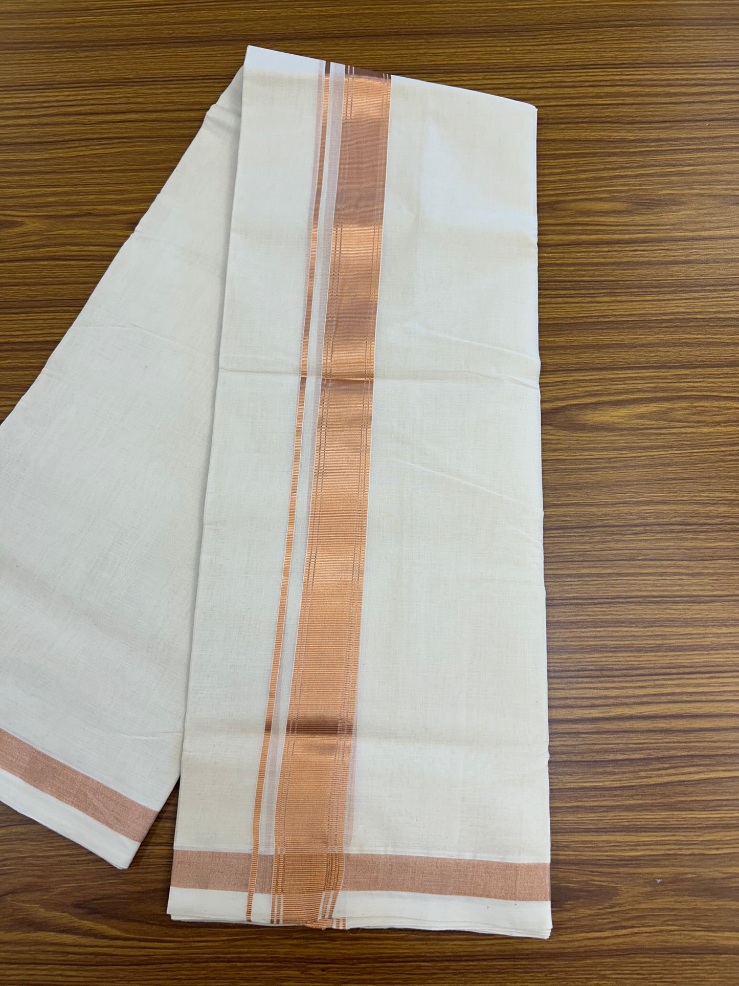 25% Discount ! KaithariKada Handloom Millpaav Balaramapuram - 100% Pure Cotton Off White (Unbleached) Double Mundu/Dothi - 80x90 - 1.75 inch Copper Kasav Stripes Kara 4 Mtr (8.5 Muzham) - 27 KK5328 RAM