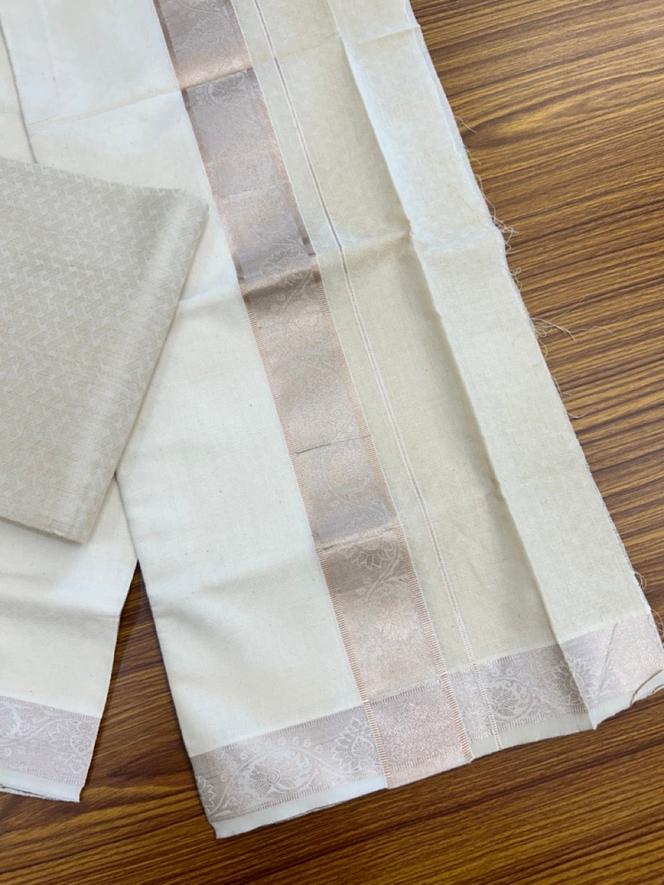20% DISCOUNT ! KaithariKada Balaramapuram 100% Cotton - (60)s - Single Off white Mundu/Dhoti & Shirt Material Combo - 2 inch Copper Silver Kasavu jacquard Kara with Beige shaded shirt material   - 17 KK7009 THI