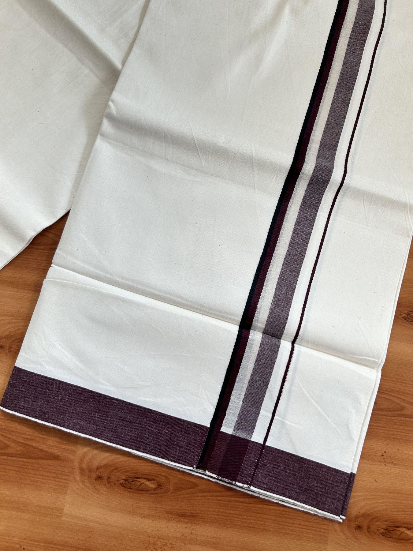 Single Mundu/Dhoti - Off White (Unbleached) 29% Discount !! KaithariKada Balaramapuram 100% Cotton Twisted 60s Thread - 1 Inch Silver Kasav & Black & Dark Maroon Shaded Kara (2 meter /4 muzham) - 11 KK5393 GL