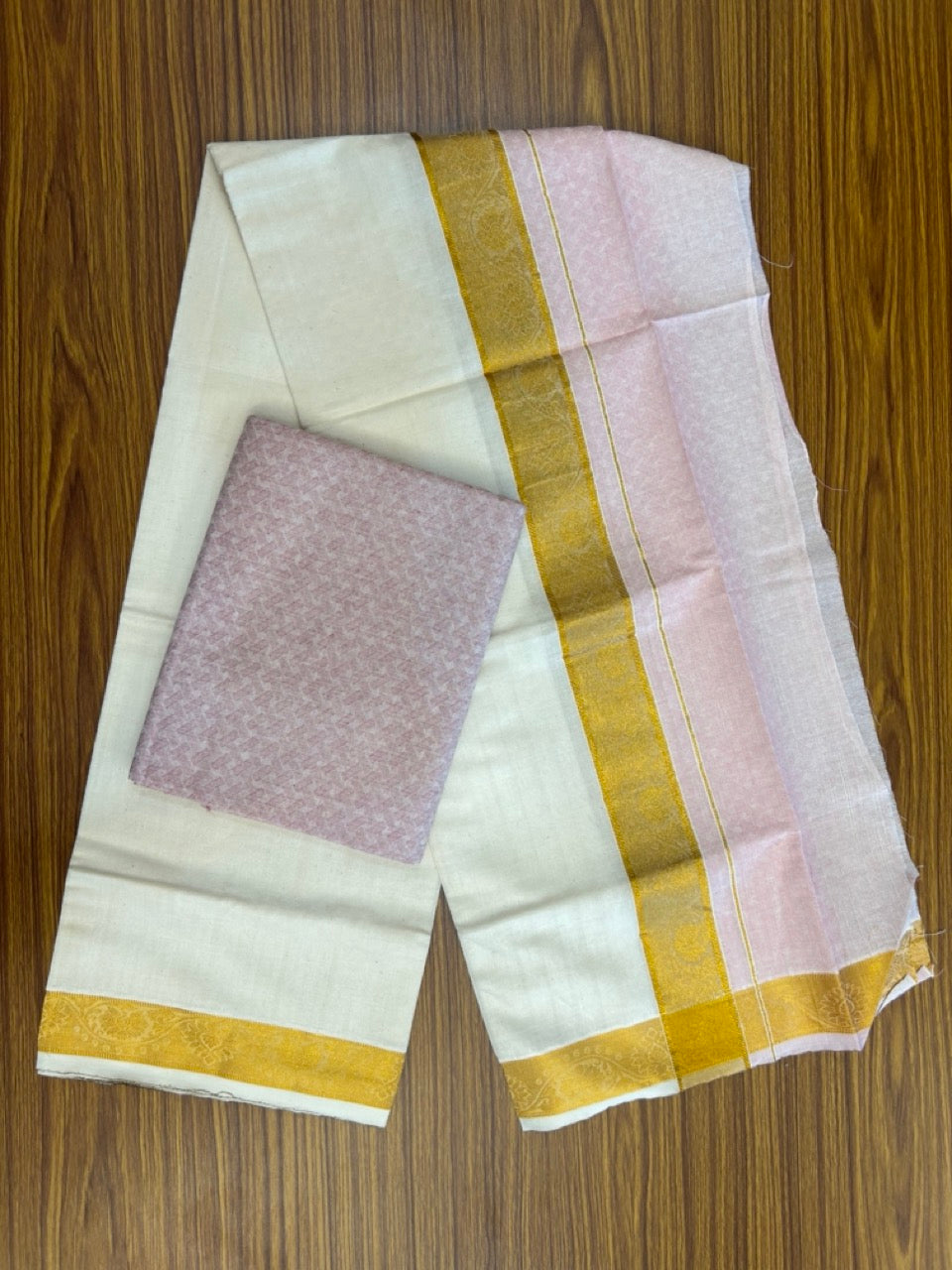 20% DISCOUNT ! KaithariKada Balaramapuram 100% Cotton - (60)s - Single Off white Mundu/Dhoti & Shirt Material Combo - 2 inch Kasavu jacquard Kara with Lavender Pink shaded shirt material   - 18 KK7009 THI