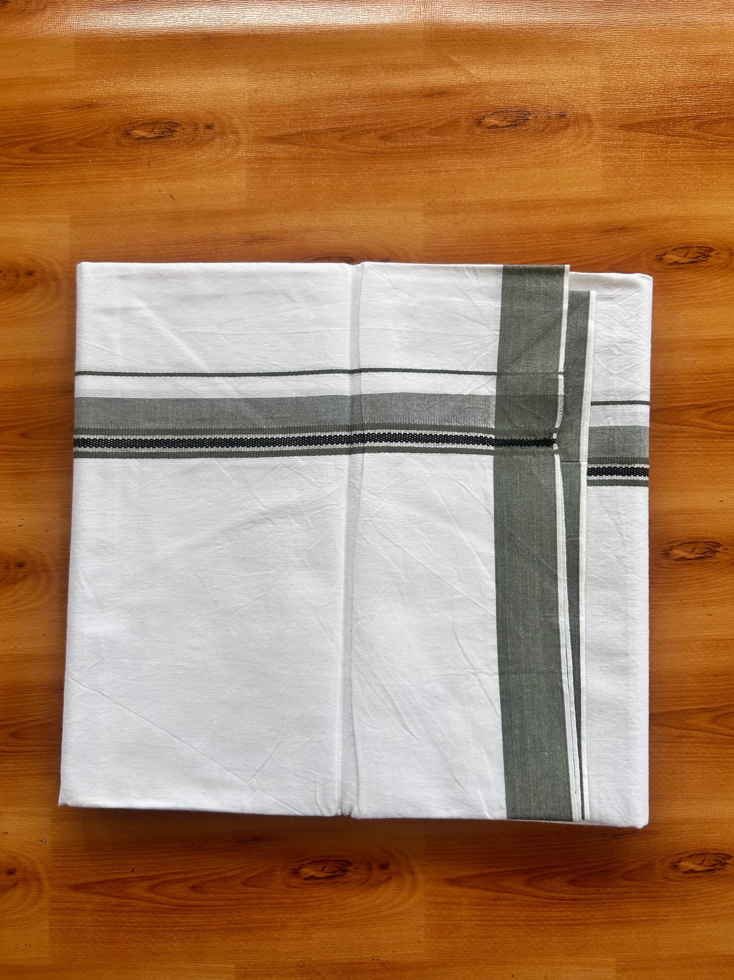 Single Mundu/Dhoti  - Pure White - KaithariKada Balaramapuram 100% Cotton - Twisted 60s Thread - 1 inch  Silver Kasav Dark Sage Green & Black Shaded Kara (2 meter / 4 muzham) - 8 KK5495 GL