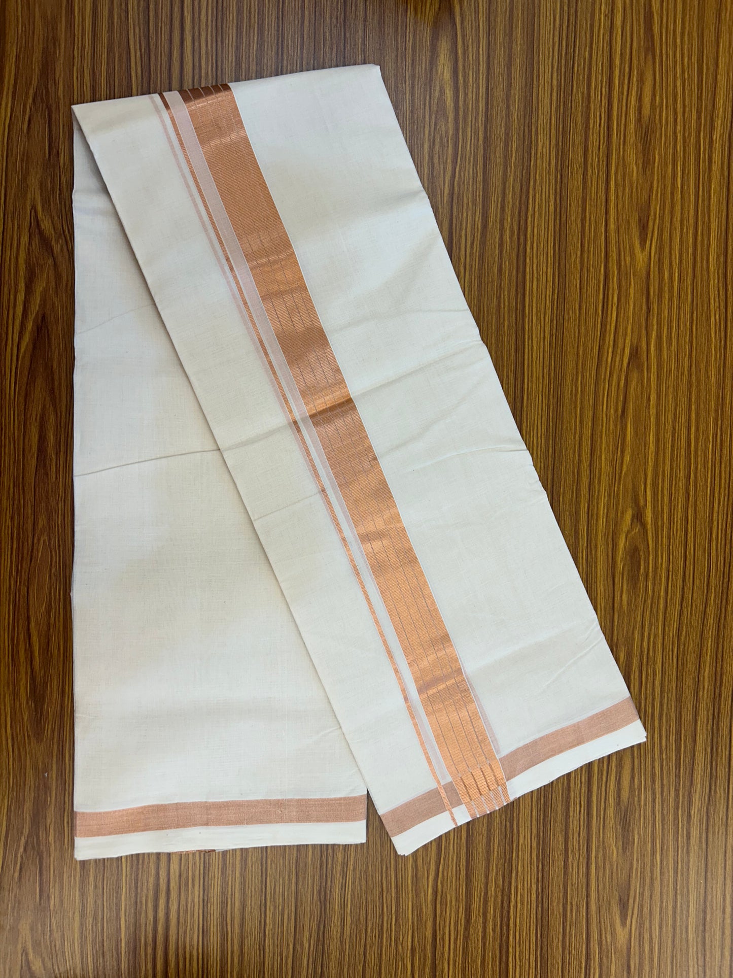 25% Discount ! KaithariKada Handloom Millpaav Balaramapuram - 100% Pure Cotton Off White (Unbleached) Double Mundu/Dothi - 80x90 - 1.75 inch Copper Kasav Stripes Kara 4 Mtr (8.5 Muzham) - 26 KK5328 RAM