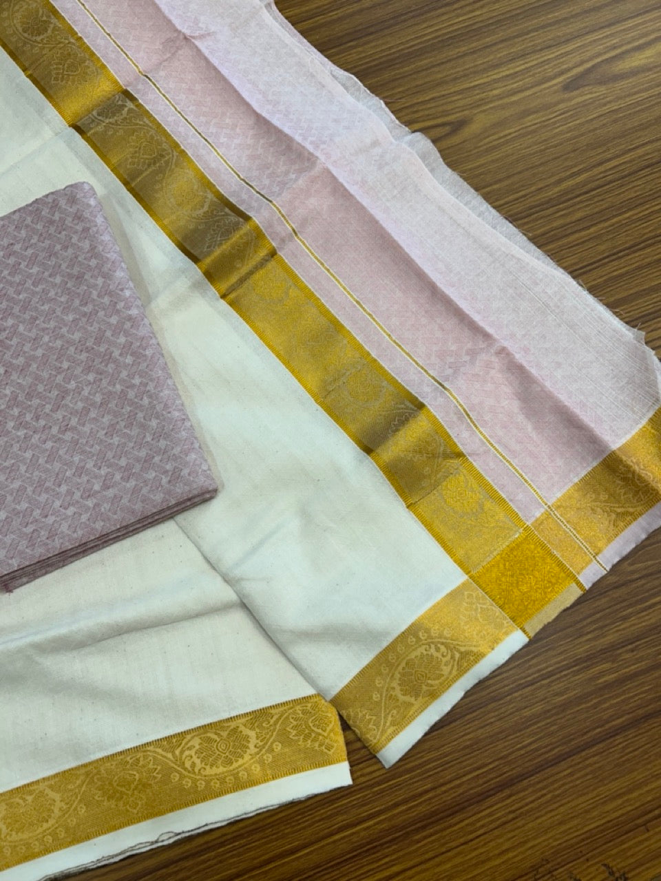 20% DISCOUNT ! KaithariKada Balaramapuram 100% Cotton - (60)s - Single Off white Mundu/Dhoti & Shirt Material Combo - 2 inch Kasavu jacquard Kara with Lavender Pink shaded shirt material   - 18 KK7009 THI