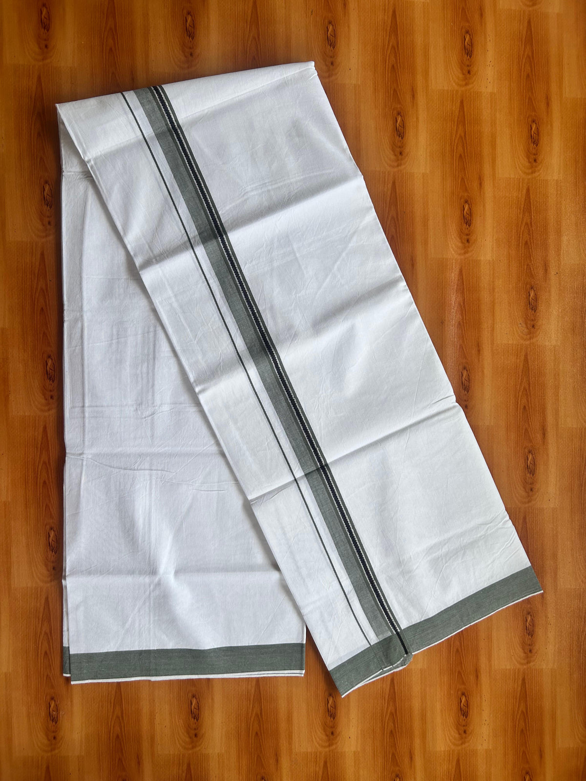Single Mundu/Dhoti  - Pure White - KaithariKada Balaramapuram 100% Cotton - Twisted 60s Thread - 1 inch  Silver Kasav Dark Sage Green & Black Shaded Kara (2 meter / 4 muzham) - 8 KK5495 GL
