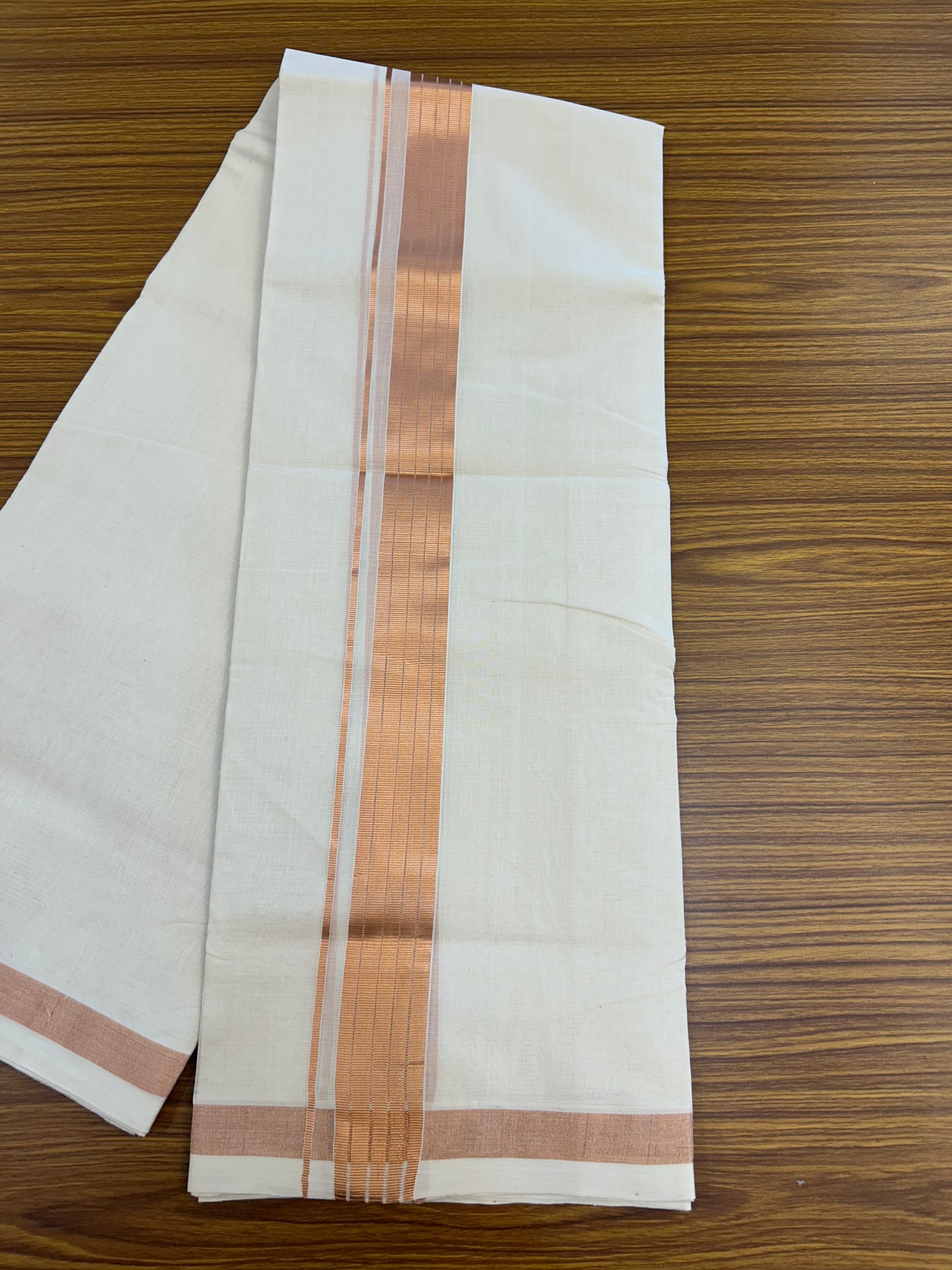 25% Discount ! KaithariKada Handloom Millpaav Balaramapuram - 100% Pure Cotton Off White (Unbleached) Double Mundu/Dothi - 80x90 - 1.75 inch Copper Kasav Stripes Kara 4 Mtr (8.5 Muzham) - 26 KK5328 RAM