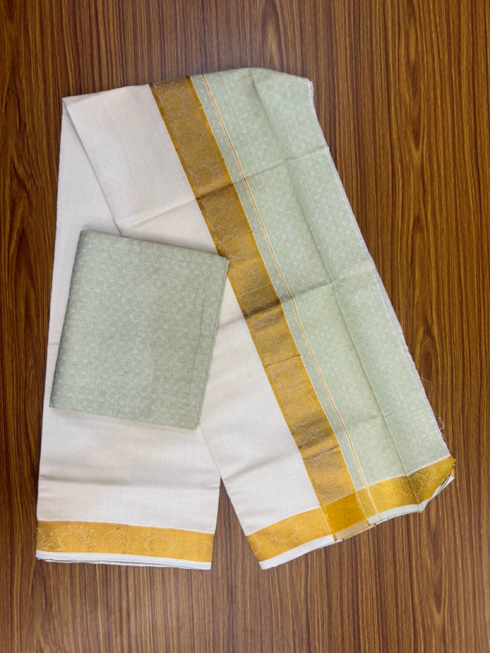 20% DISCOUNT ! KaithariKada Balaramapuram 100% Cotton - (60)s - Single Off white Mundu/Dhoti & Shirt Material Combo - 2 inch Kasavu jacquard Kara with Pista Green shaded shirt material   - 19 KK7009 THI