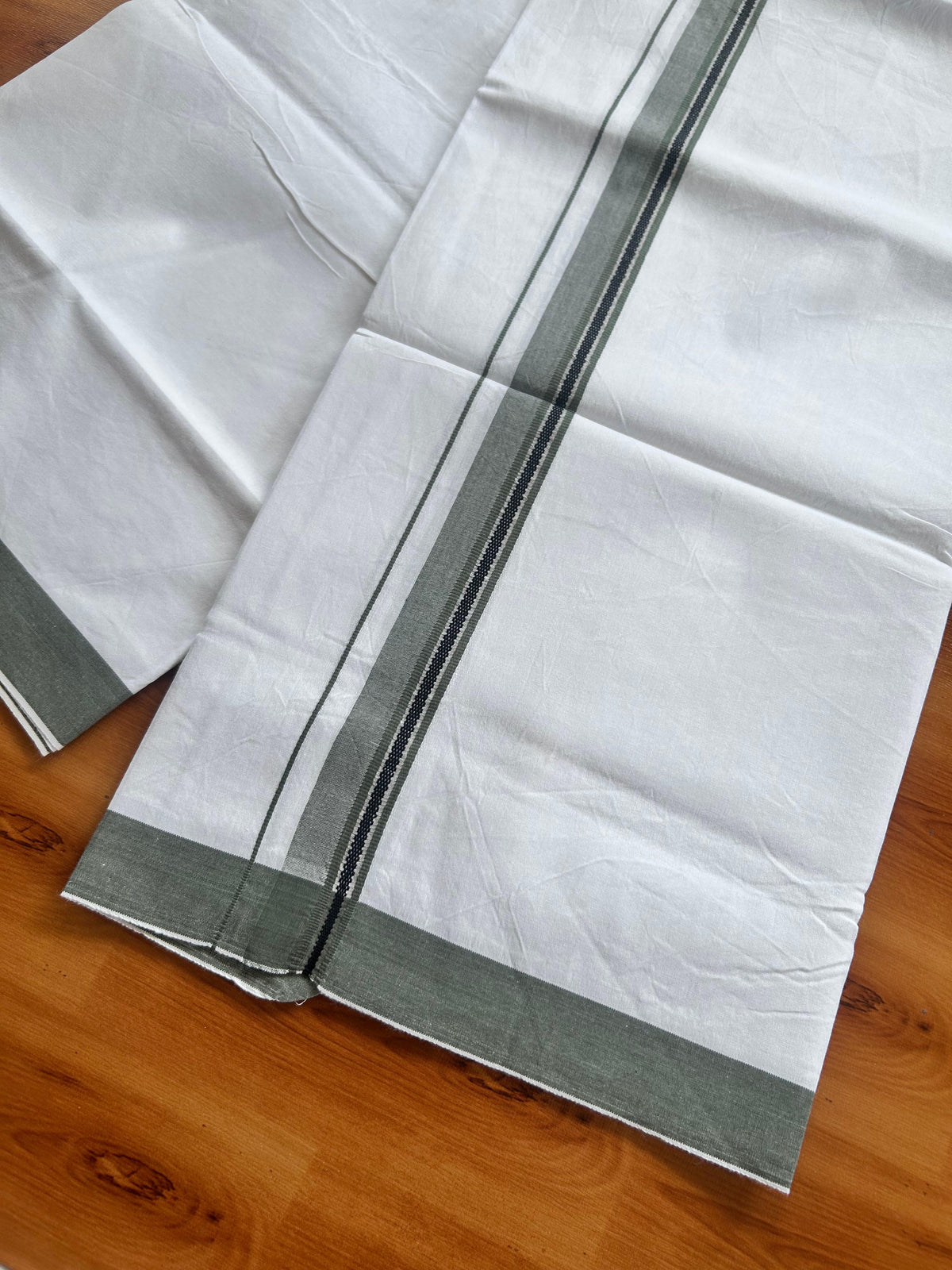 Single Mundu/Dhoti  - Pure White - KaithariKada Balaramapuram 100% Cotton - Twisted 60s Thread - 1 inch  Silver Kasav Dark Sage Green & Black Shaded Kara (2 meter / 4 muzham) - 8 KK5495 GL