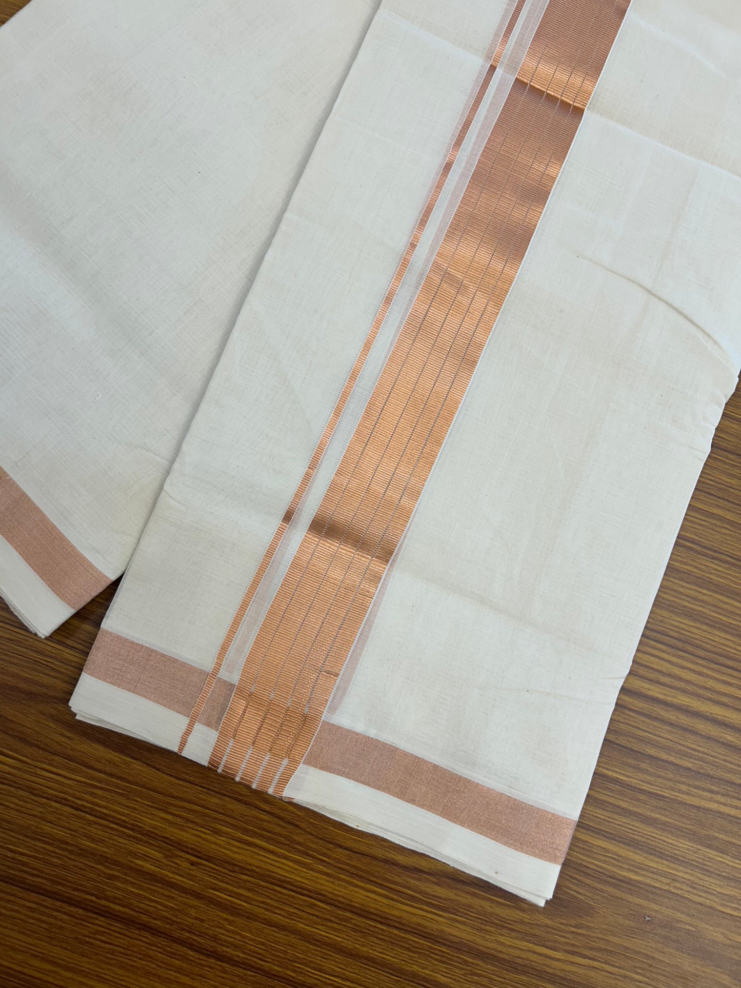 25% Discount ! KaithariKada Handloom Millpaav Balaramapuram - 100% Pure Cotton Off White (Unbleached) Double Mundu/Dothi - 80x90 - 1.75 inch Copper Kasav Stripes Kara 4 Mtr (8.5 Muzham) - 26 KK5328 RAM