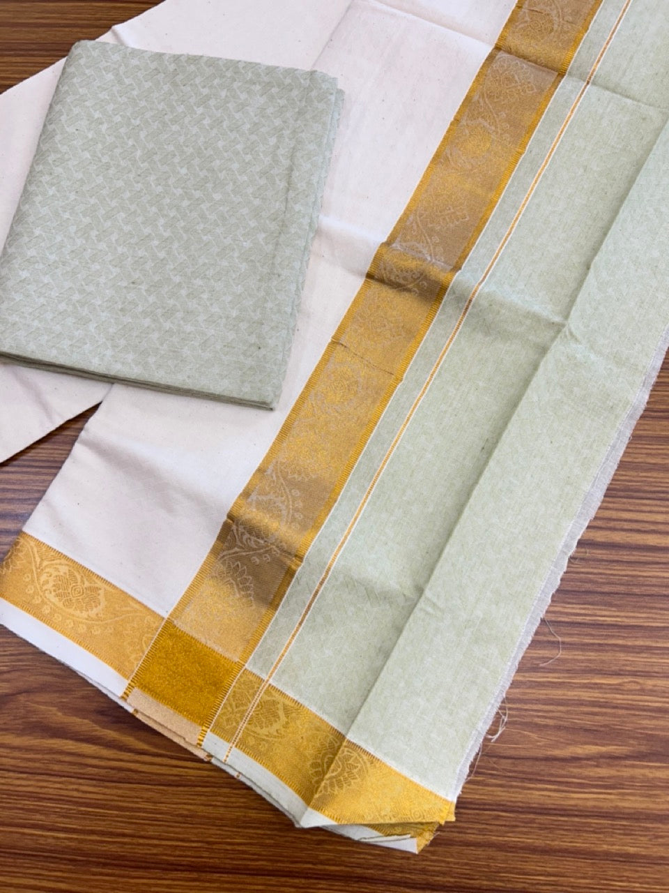 20% DISCOUNT ! KaithariKada Balaramapuram 100% Cotton - (60)s - Single Off white Mundu/Dhoti & Shirt Material Combo - 2 inch Kasavu jacquard Kara with Pista Green shaded shirt material   - 19 KK7009 THI