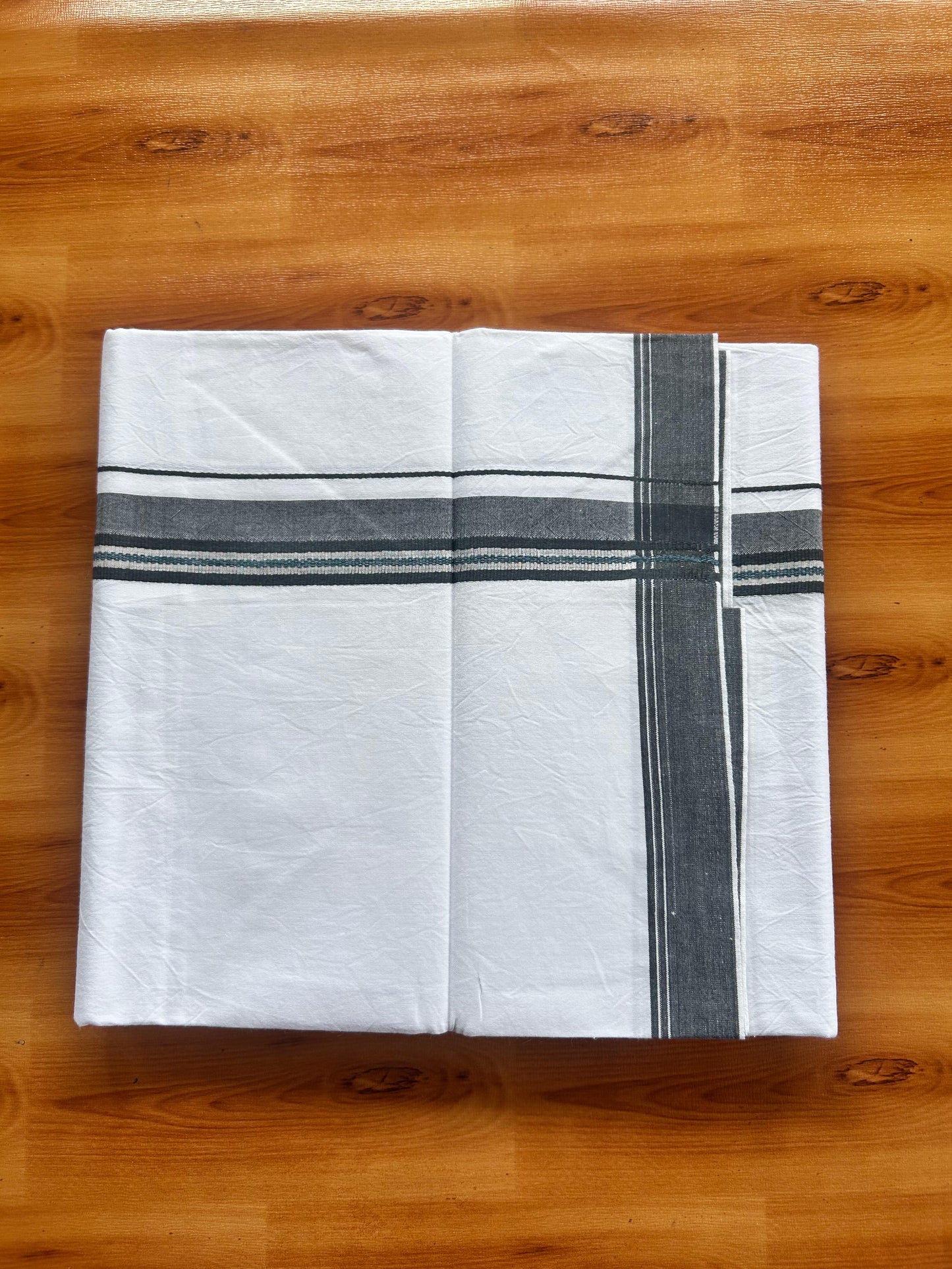 Single Mundu/Dhoti  - Pure White - KaithariKada Balaramapuram 100% Cotton - Twisted 60s Thread - 1 inch  Silver Kasav Grey & Peacock Blue Shaded Kara (2 meter / 4 muzham) - 9 KK5495 GL