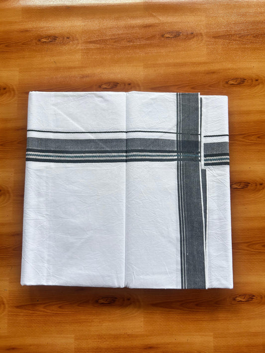 Single Mundu/Dhoti  - Pure White - KaithariKada Balaramapuram 100% Cotton - Twisted 60s Thread - 1 inch  Silver Kasav Grey & Peacock Blue Shaded Kara (2 meter / 4 muzham) - 9 KK5495 GL