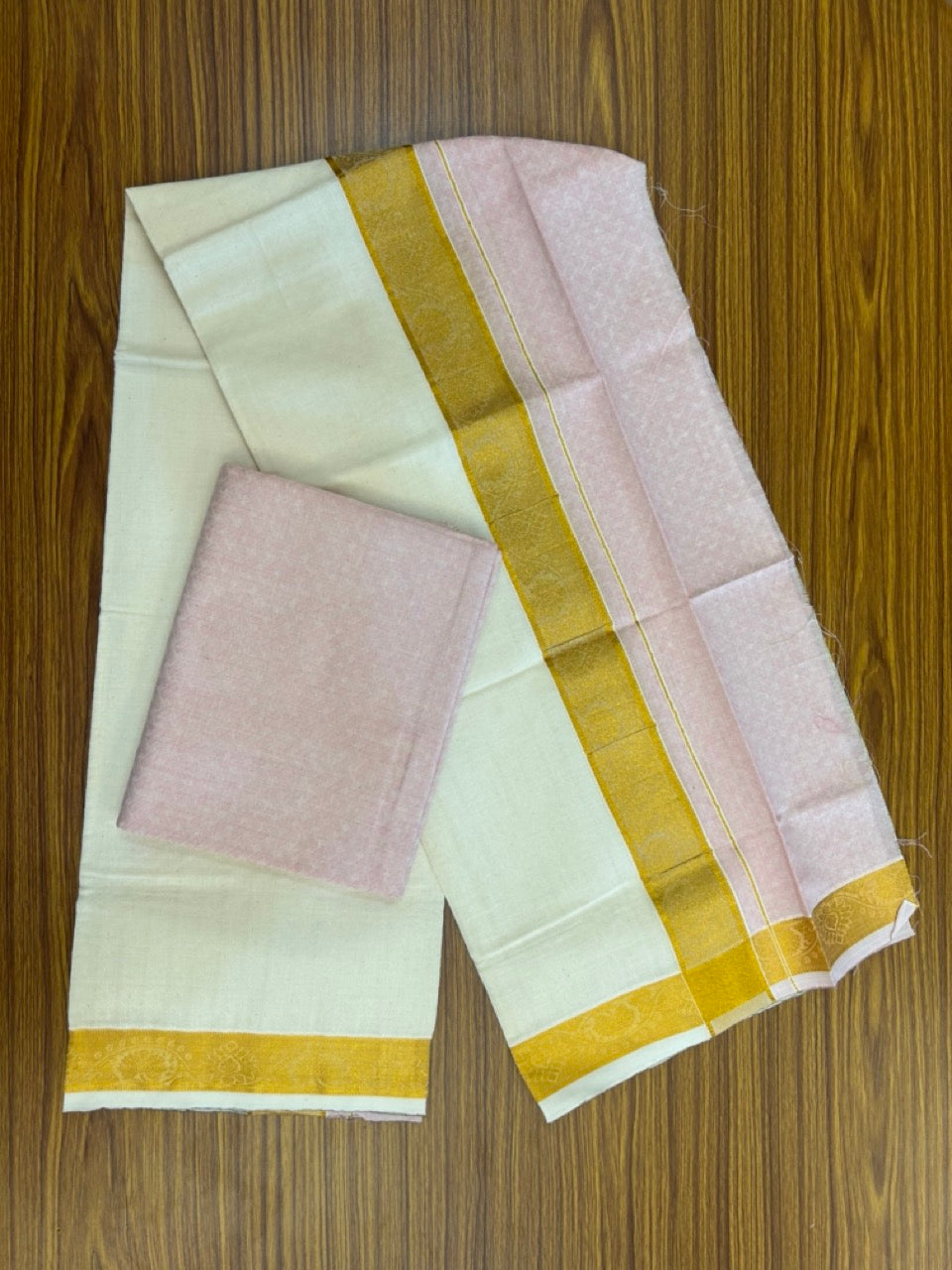 20% DISCOUNT ! KaithariKada Balaramapuram 100% Cotton - (60)s - Single Off white Mundu/Dhoti & Shirt Material Combo - 2 inch Kasavu jacquard Kara with Pink shaded shirt material   - 20 KK7009 THI