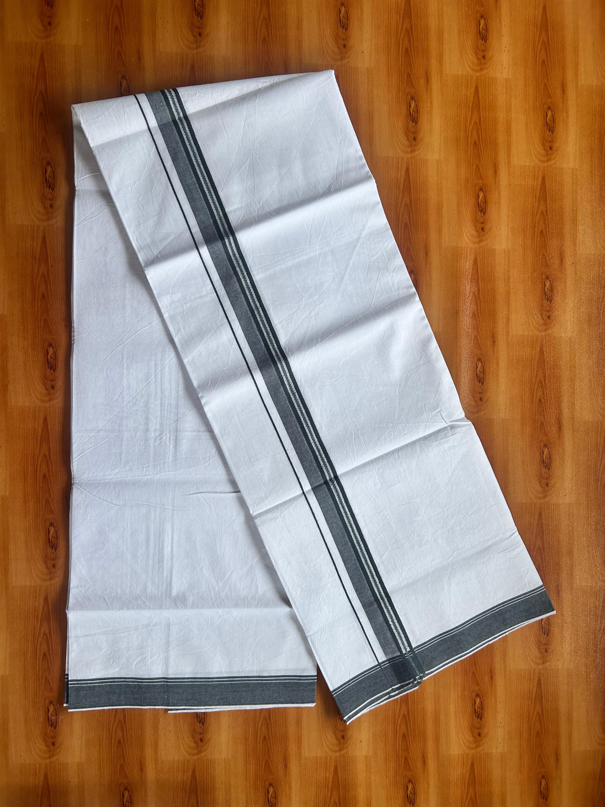 Single Mundu/Dhoti  - Pure White - KaithariKada Balaramapuram 100% Cotton - Twisted 60s Thread - 1 inch  Silver Kasav Grey & Peacock Blue Shaded Kara (2 meter / 4 muzham) - 9 KK5495 GL