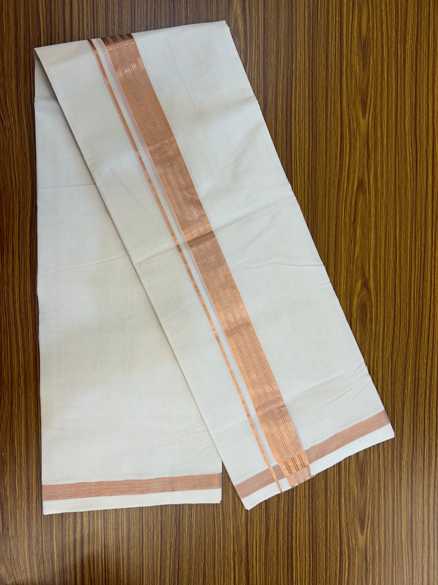 25% Discount ! KaithariKada Handloom Millpaav Balaramapuram - 100% Pure Cotton Off White (Unbleached) Double Mundu/Dothi - 80x90 - 1.75 inch Copper Kasav Stripes Kara 4 Mtr (8.5 Muzham) - 28 KK5328 RAM
