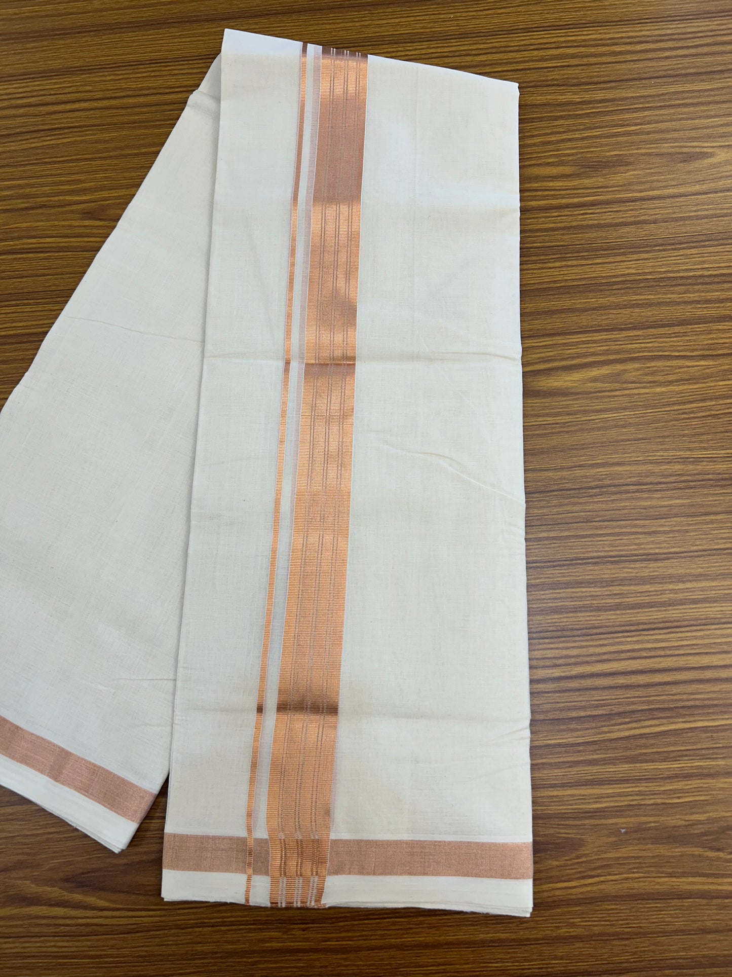 25% Discount ! KaithariKada Handloom Millpaav Balaramapuram - 100% Pure Cotton Off White (Unbleached) Double Mundu/Dothi - 80x90 - 1.75 inch Copper Kasav Stripes Kara 4 Mtr (8.5 Muzham) - 28 KK5328 RAM
