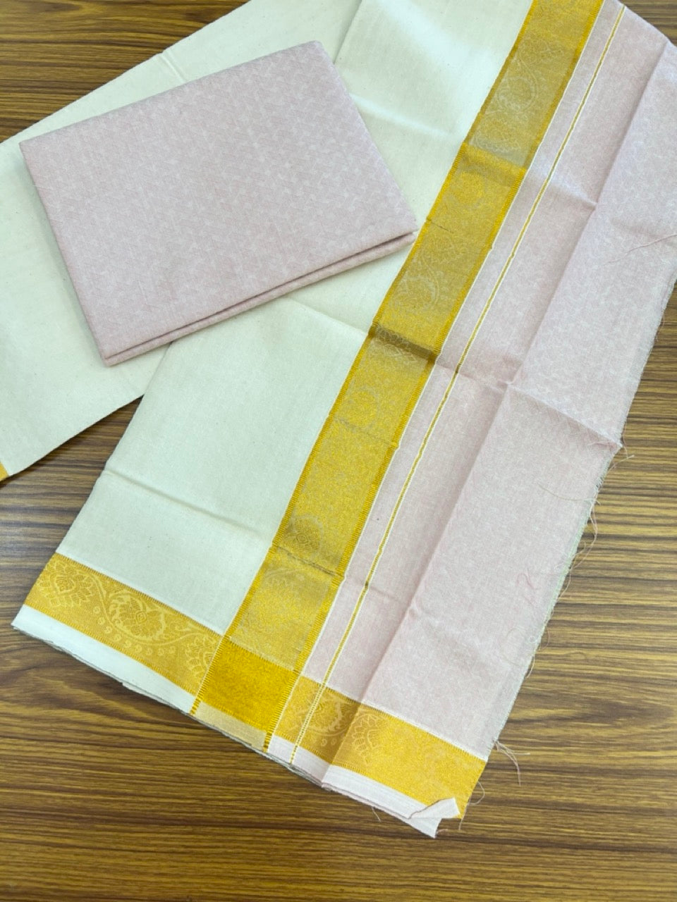 20% DISCOUNT ! KaithariKada Balaramapuram 100% Cotton - (60)s - Single Off white Mundu/Dhoti & Shirt Material Combo - 2 inch Kasavu jacquard Kara with Pink shaded shirt material   - 20 KK7009 THI