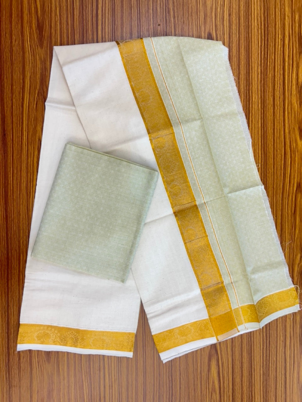 20% DISCOUNT ! KaithariKada Balaramapuram 100% Cotton - (60)s - Single Off white Mundu/Dhoti & Shirt Material Combo - 2 inch Kasavu jacquard Kara with Light Pista Green shaded shirt material   - 21 KK7009 THI
