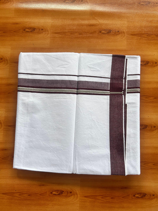 Single Mundu/Dhoti  - Pure White - KaithariKada Balaramapuram 100% Cotton - Twisted 60s Thread - 1 inch  Silver Kasav Maroon & Beige Shaded Kara (2 meter / 4 muzham) - 10 KK5495 GL