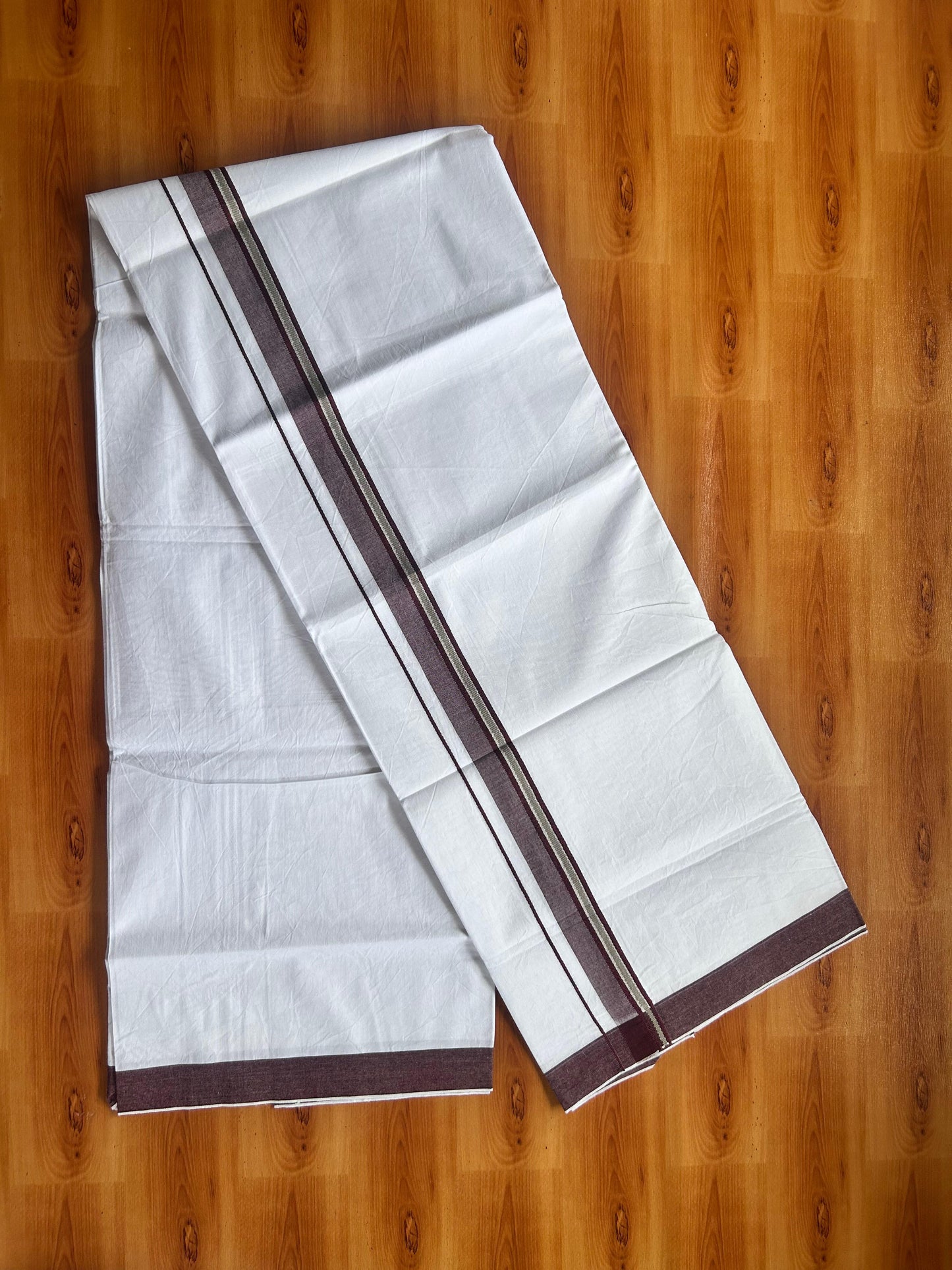 Single Mundu/Dhoti  - Pure White - KaithariKada Balaramapuram 100% Cotton - Twisted 60s Thread - 1 inch  Silver Kasav Maroon & Beige Shaded Kara (2 meter / 4 muzham) - 10 KK5495 GL