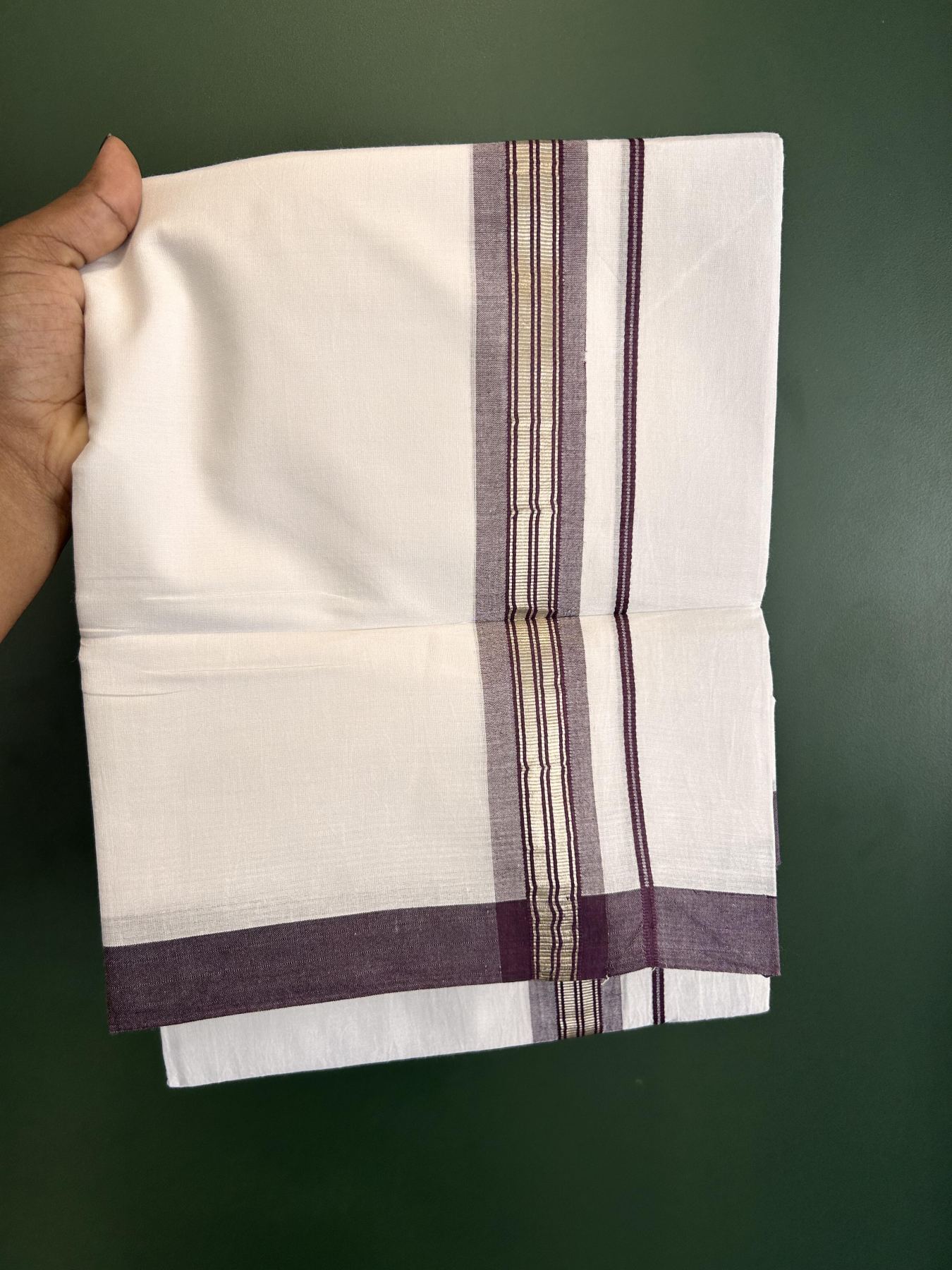 Double Pure White Mundu/Dhoti - 20% Discount !! KaithariKada Balaramapuram 100% Cotton - 60s - 1.5 Inch Plum Wine Shaded Silver Kasav Striped Kara - 3.85 mtr ( 8 muzham) - 25 KK5425 PMC