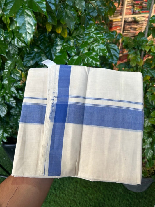 25% Discount KaithariKada Handloom Unakkupaav Balaramapuram - 100% PURE Cotton off white (Unbleached) Double Mundu/Dhoti - 80X90 - 1.75 inch Blue Side Striped Kara 3.80 mtr (8 muzham) - 10 KK5260 ELA