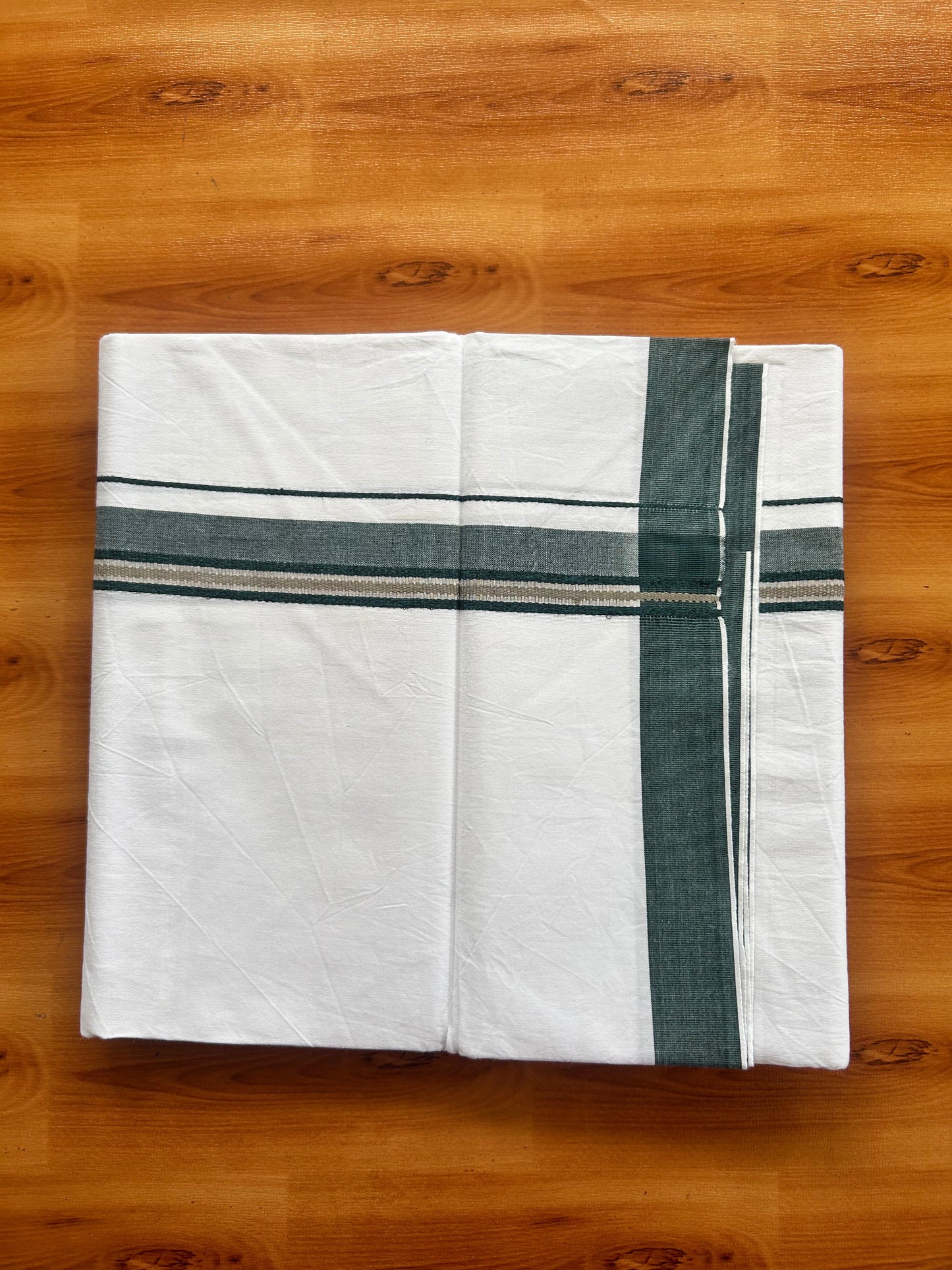 Single Mundu/Dhoti  - Pure White - KaithariKada Balaramapuram 100% Cotton - Twisted 60s Thread - 1 inch  Silver Kasav Peacock Green & Beige Shaded Kara (2 meter / 4 muzham) - 11 KK5495 GL