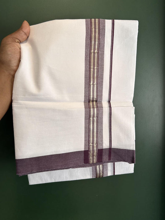 Double Pure White Mundu/Dhoti - 20% Discount !! KaithariKada Balaramapuram 100% Cotton - 60s - 1.5 Inch Plum Wine Shaded Silver Kasav Striped Kara - 3.85 mtr ( 8 muzham) - 26 KK5425 PMC
