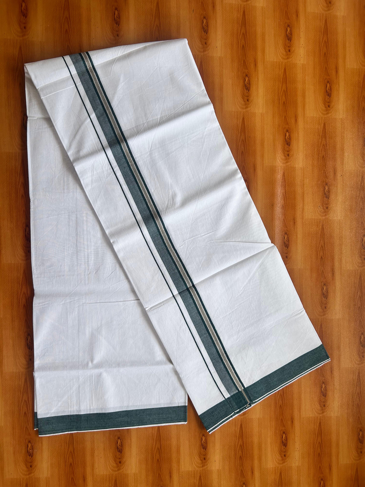 Single Mundu/Dhoti  - Pure White - KaithariKada Balaramapuram 100% Cotton - Twisted 60s Thread - 1 inch  Silver Kasav Peacock Green & Beige Shaded Kara (2 meter / 4 muzham) - 11 KK5495 GL