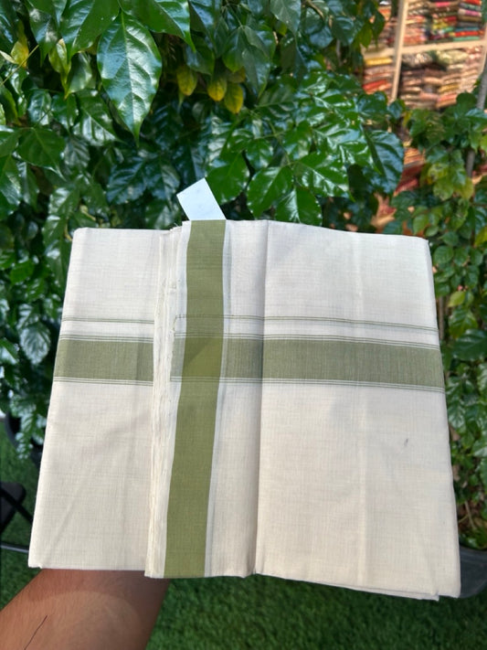 25% Discount KaithariKada Handloom Unakkupaav Balaramapuram - 100% PURE Cotton off white (Unbleached) Double Mundu/Dhoti - 80X90 - 1.25 inch Green Shaded Striped Kara 3.80 mtr (8 muzham) - 6 KK5260 ELA