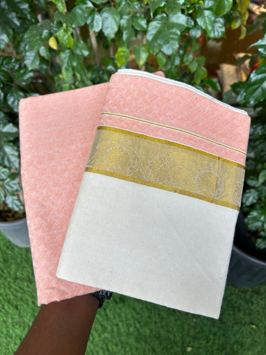 20% DISCOUNT ! KaithariKada Balaramapuram 100% Cotton Single Mundu/Dhoti (60)s - Gold Kasav jacquard Light Peach & Cream Colour Designer Shirt Material Combo - 1 KK7009 THI