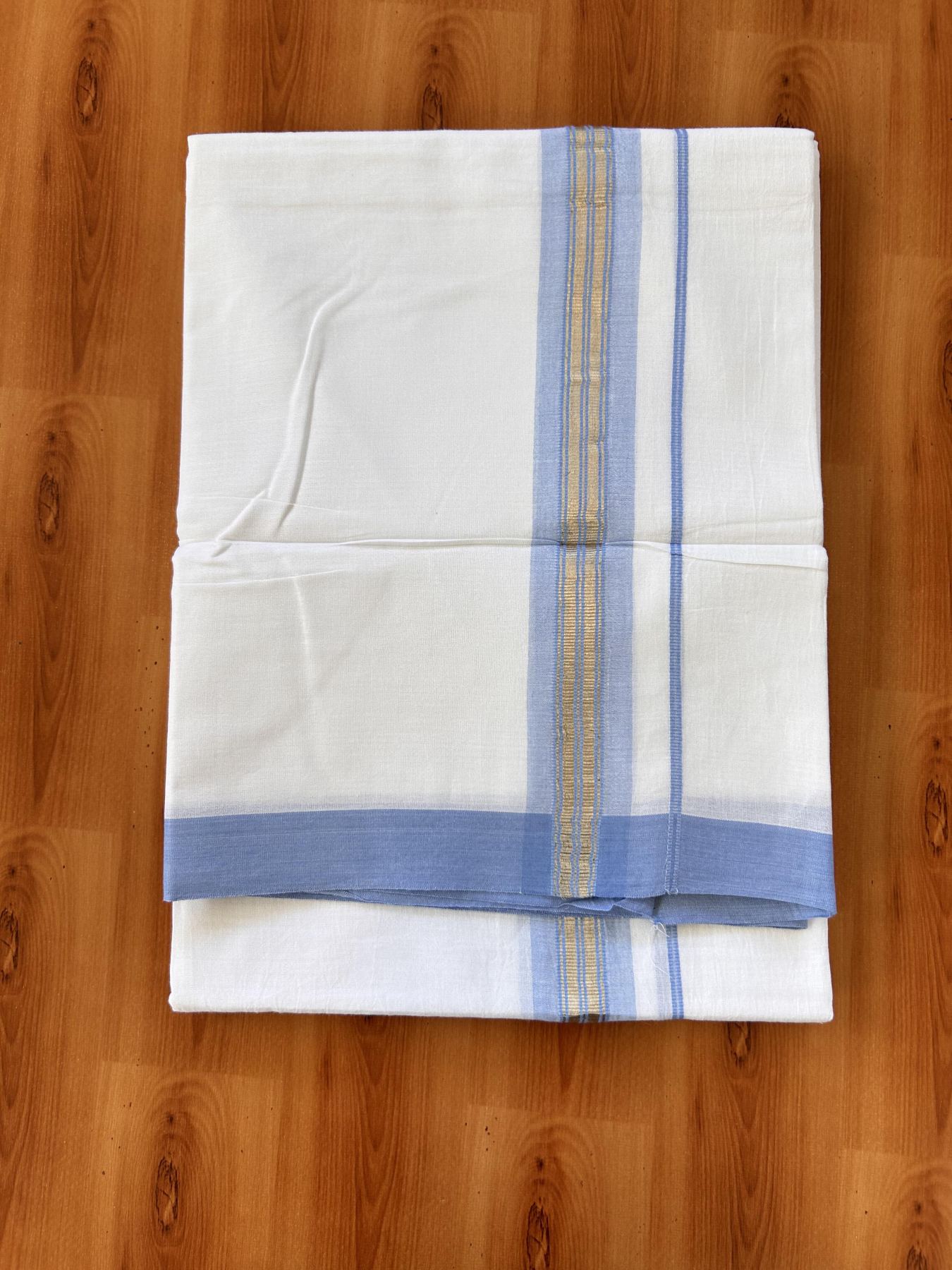 Double Pure White Mundu/Dhoti - 20% Discount !! KaithariKada Balaramapuram 100% Cotton - 60s - 1.25 Inch Light Blue Shaded Silver Kasav Striped Kara - 3.85 mtr ( 8 muzham) - 27 KK5425 PMC