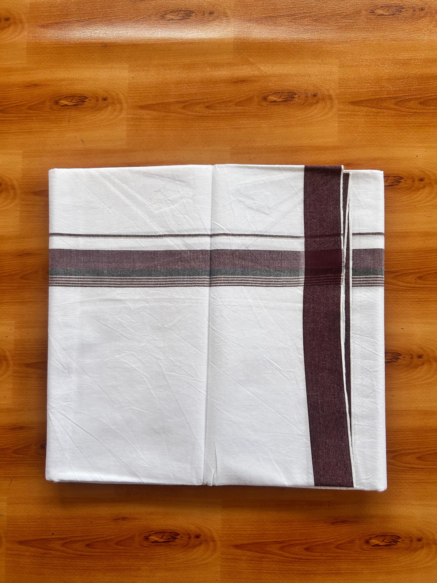 Single Mundu/Dhoti  - Pure White - KaithariKada Balaramapuram 100% Cotton - Twisted 60s Thread - 1 inch  Silver Kasav Maroon & Black Shaded Striped Kara (2 meter / 4 muzham) - 12 KK5495 GL