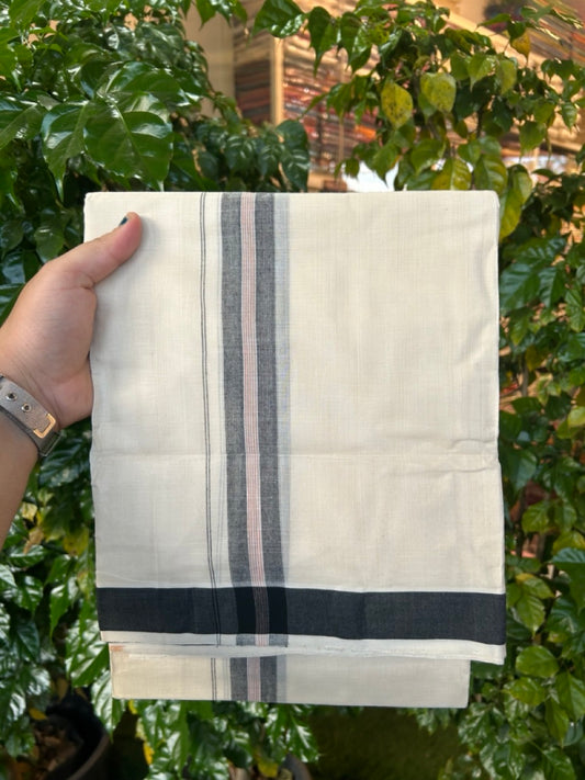 25% Discount KaithariKada Handloom Unakkupaav Balaramapuram - 100% PURE Cotton off white (Unbleached) Double Mundu/Dhoti - 80X90 - 1.25 inch Black & Brown Center Striped Kara 3.80 mtr (8 muzham) - 12 KK5260 ELA
