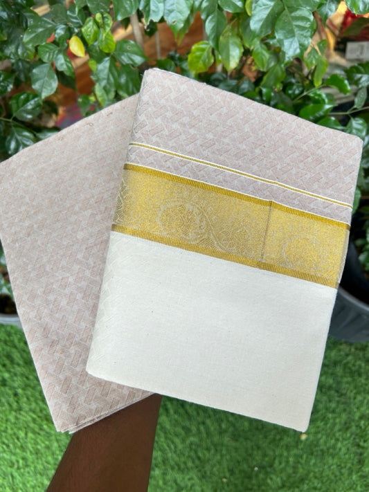 20% DISCOUNT ! KaithariKada Balaramapuram 100% Cotton Single Mundu/Dhoti (60)s - Gold Kasav jacquard Light Greyish Pink & Cream Colour Designer Shirt Material Combo - 3 KK7009 THI